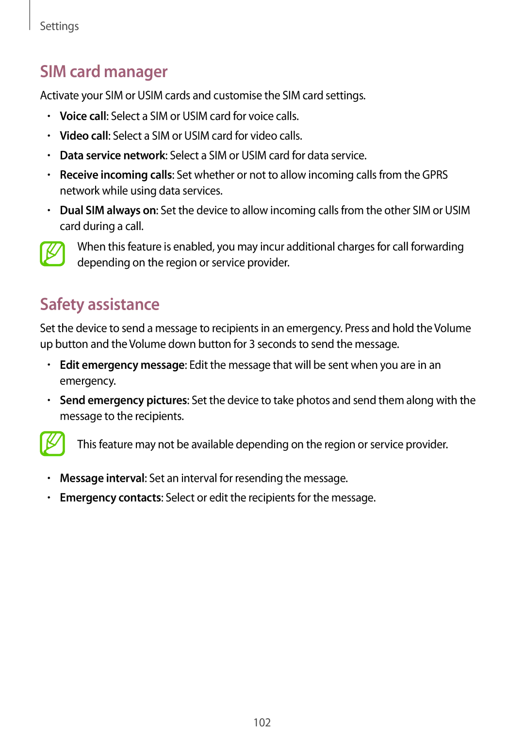 Samsung GT-S7272HKAKSA, GT-S7272WRAPAK, GT-S7272WRATHR, GT-S7272UWAKSA, GT-S7272HKATHR SIM card manager, Safety assistance 