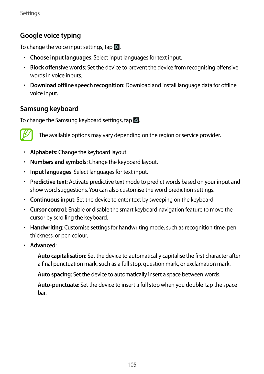 Samsung GT-S7272WRAPAK, GT-S7272WRATHR, GT-S7272UWAKSA, GT-S7272HKATHR manual Google voice typing, Samsung keyboard, Advanced 