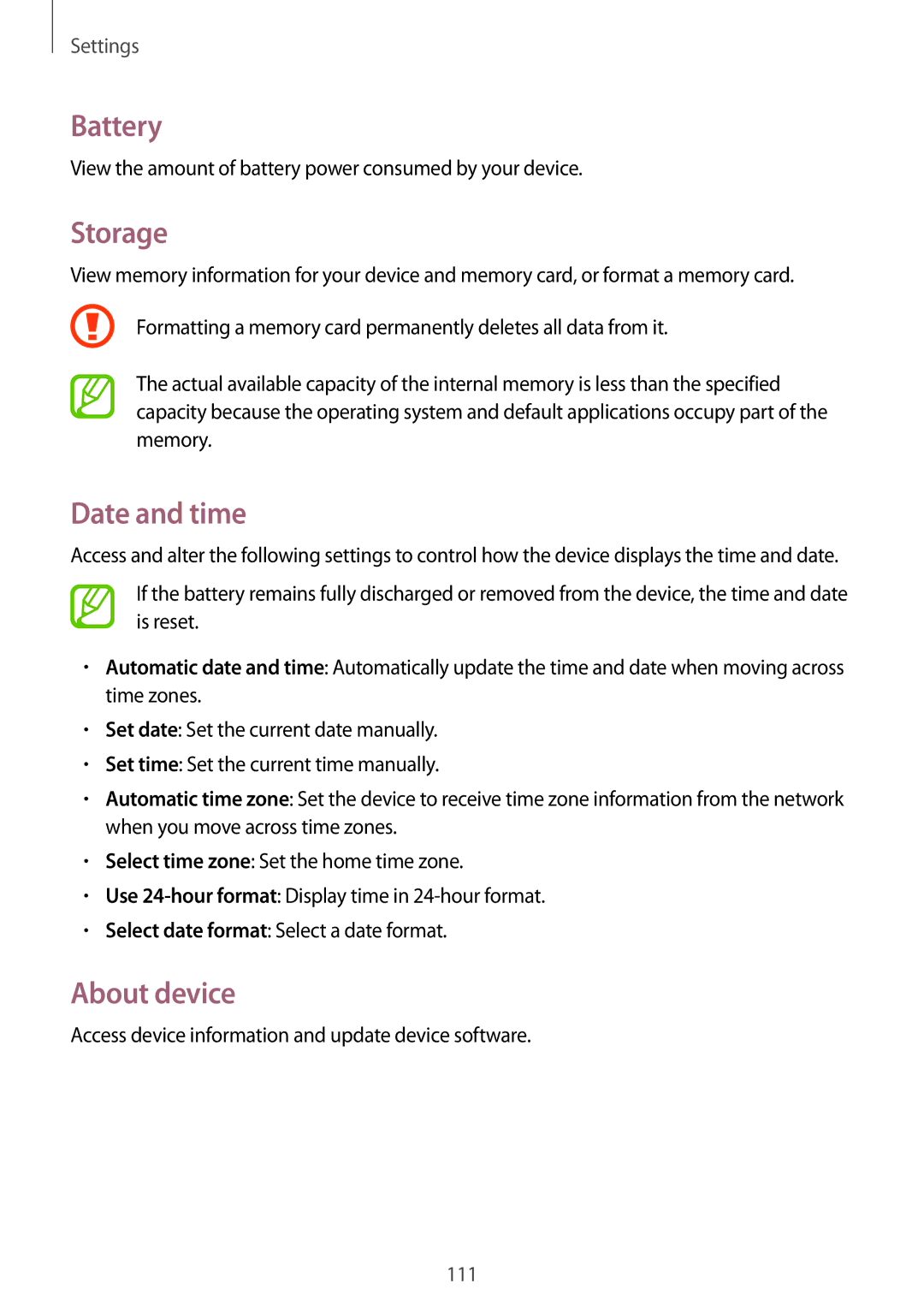 Samsung GT-S7272UWATHR, GT-S7272WRAPAK, GT-S7272WRATHR, GT-S7272UWAKSA manual Battery, Storage, Date and time, About device 