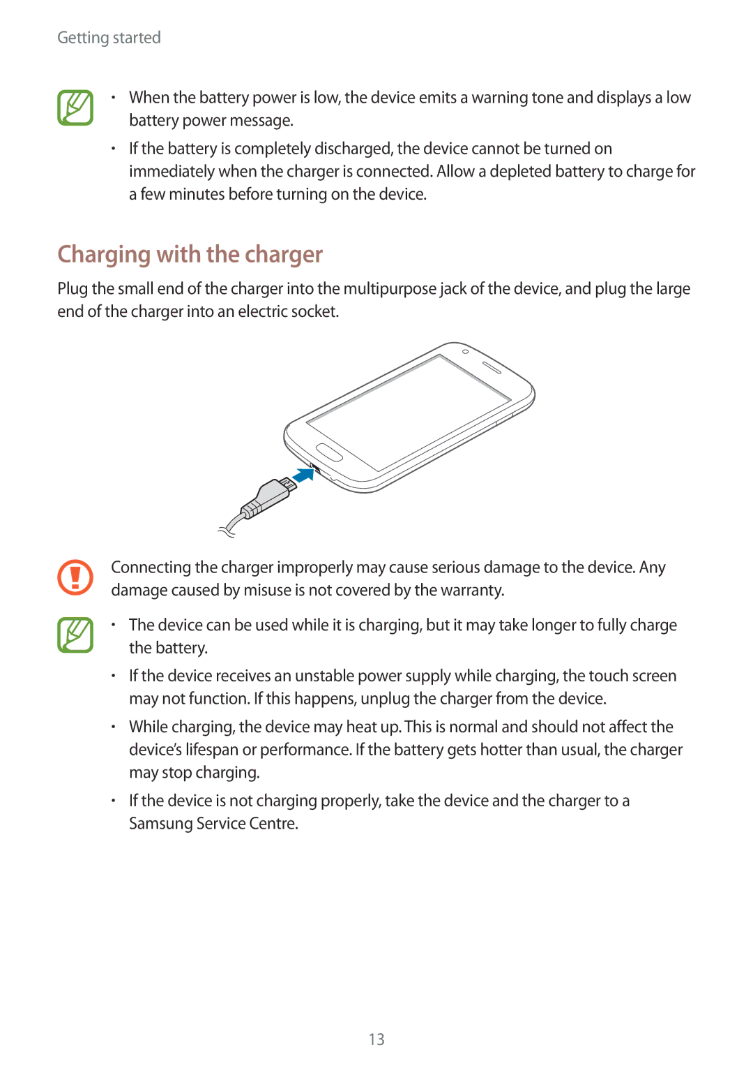 Samsung GT-S7272UWATHR, GT-S7272WRAPAK, GT-S7272WRATHR, GT-S7272UWAKSA, GT-S7272HKATHR manual Charging with the charger 