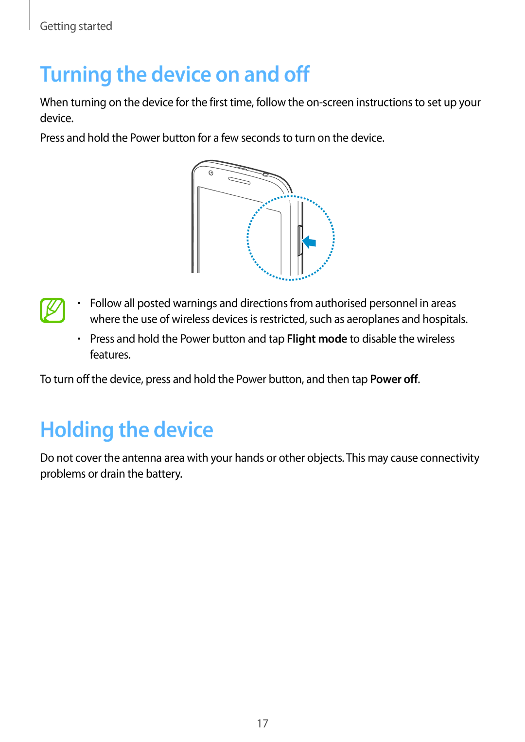 Samsung GT-S7272HKATHR, GT-S7272WRAPAK, GT-S7272WRATHR, GT-S7272UWAKSA Turning the device on and off, Holding the device 