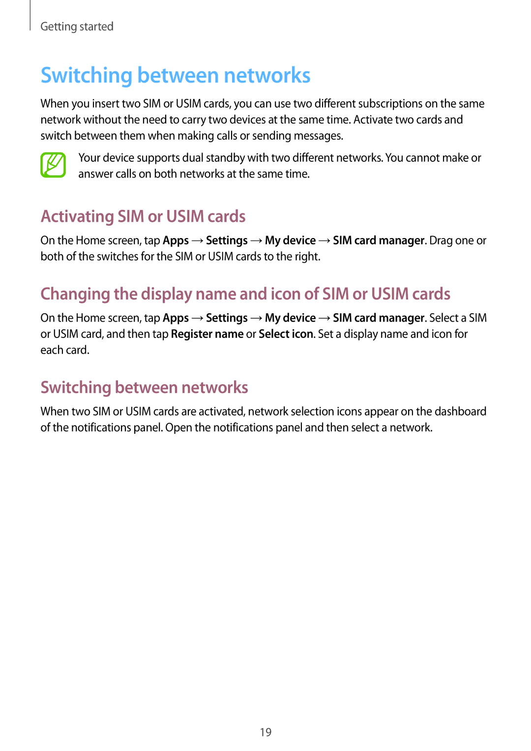 Samsung GT-S7272WRAKSA, GT-S7272WRAPAK, GT-S7272WRATHR manual Switching between networks, Activating SIM or Usim cards 