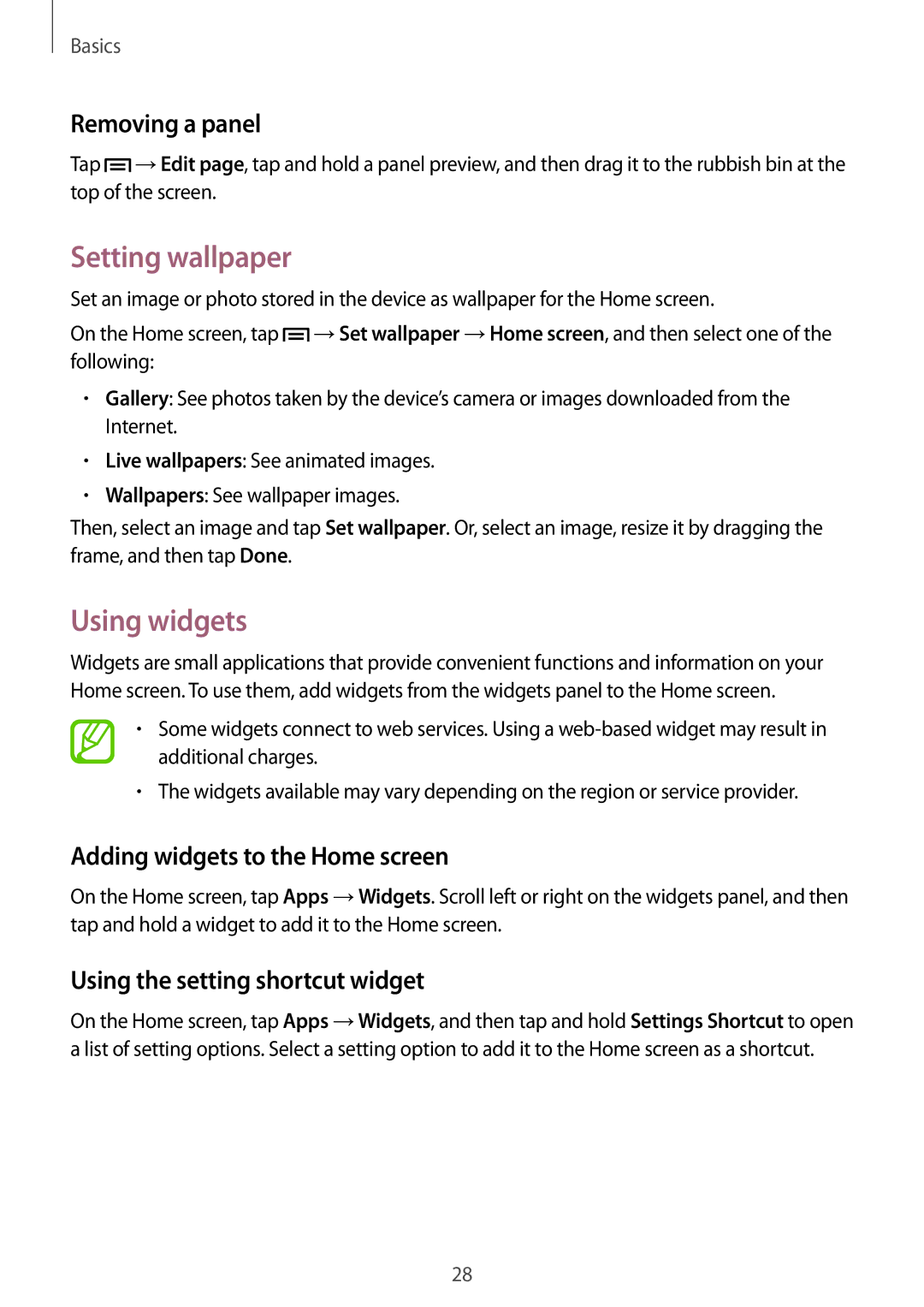 Samsung GT-S7272WRAPAK manual Setting wallpaper, Using widgets, Removing a panel, Adding widgets to the Home screen 