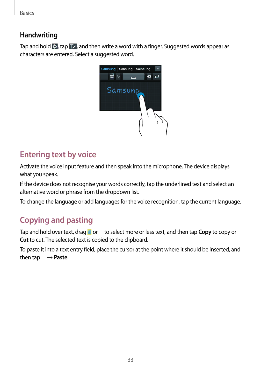 Samsung GT-S7272WRAKSA, GT-S7272WRAPAK, GT-S7272WRATHR manual Entering text by voice, Copying and pasting, Handwriting 