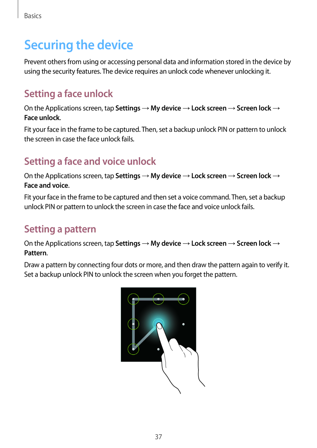 Samsung GT-S7272UWAKSA Securing the device, Setting a face unlock, Setting a face and voice unlock, Setting a pattern 