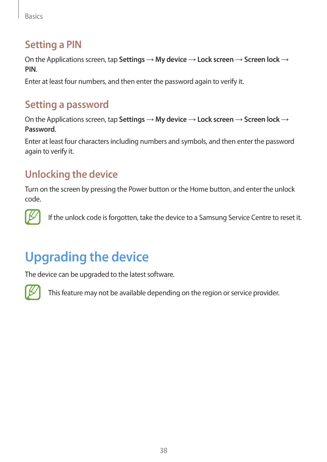 Samsung GT-S7272HKATHR, GT-S7272WRAPAK manual Upgrading the device, Setting a PIN, Setting a password, Unlocking the device 