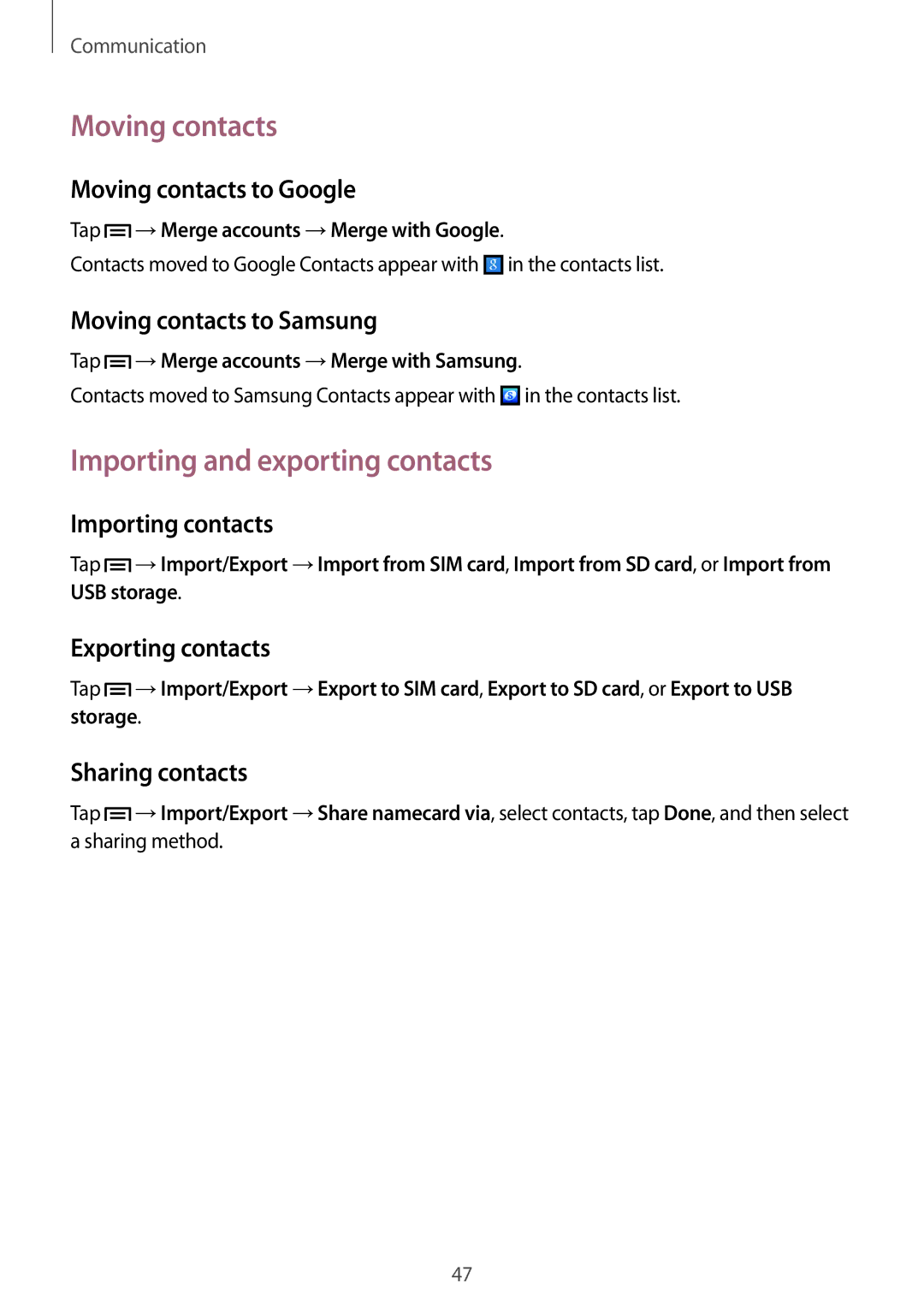 Samsung GT-S7272WRAKSA, GT-S7272WRAPAK, GT-S7272WRATHR, GT-S7272UWAKSA Moving contacts, Importing and exporting contacts 