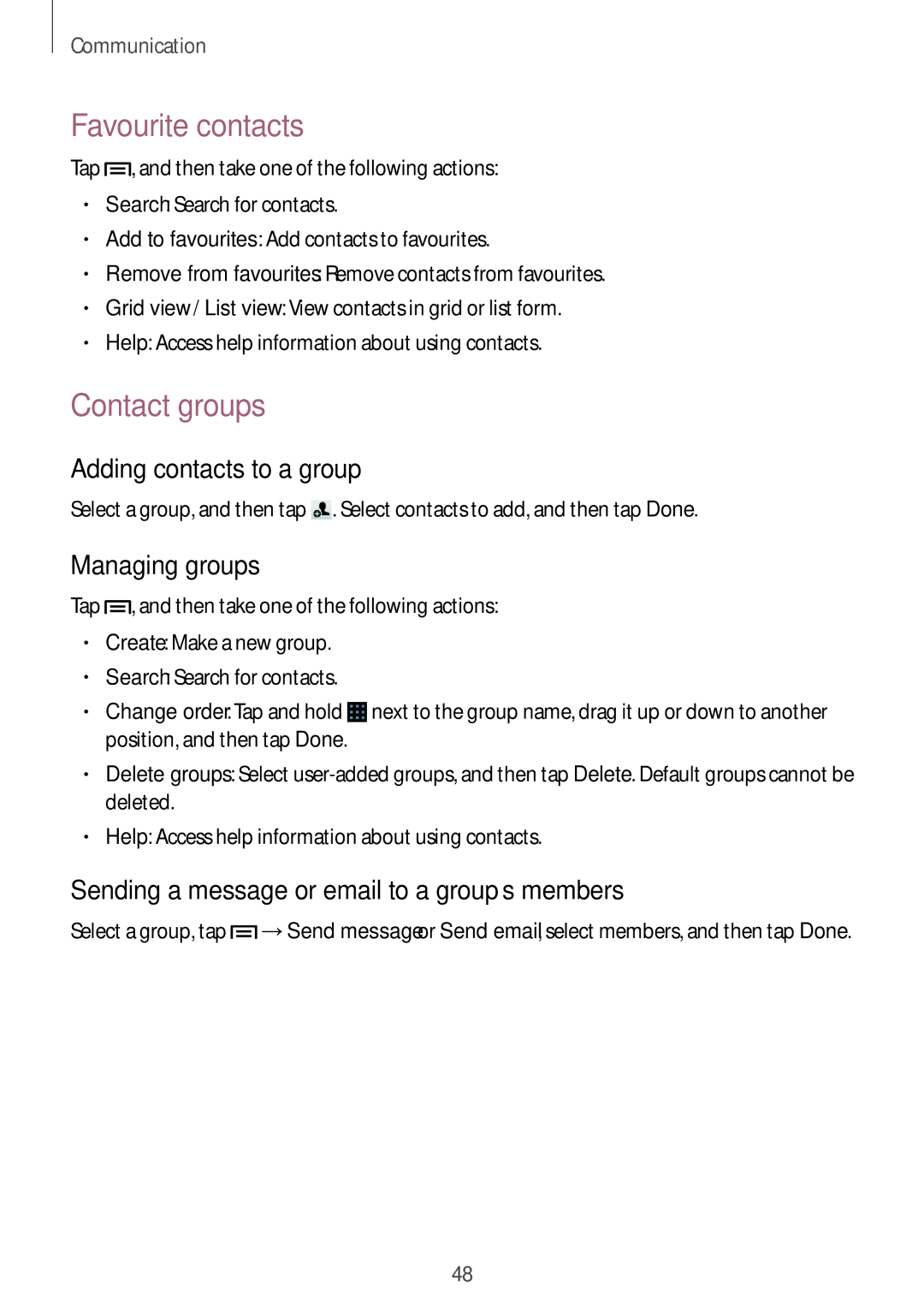 Samsung GT-S7272UWATHR, GT-S7272WRAPAK Favourite contacts, Contact groups, Adding contacts to a group, Managing groups 