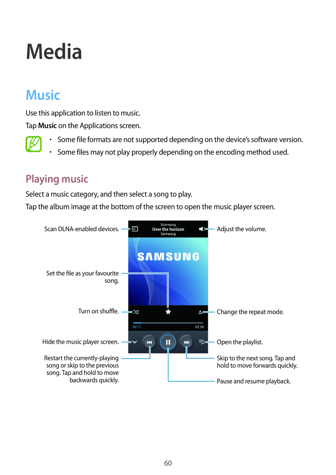 Samsung GT-S7272HKAKSA, GT-S7272WRAPAK, GT-S7272WRATHR, GT-S7272UWAKSA, GT-S7272HKATHR manual Media, Music, Playing music 