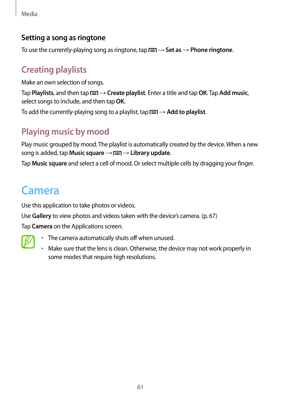 Samsung GT-S7272WRAKSA, GT-S7272WRAPAK manual Camera, Creating playlists, Playing music by mood, Setting a song as ringtone 