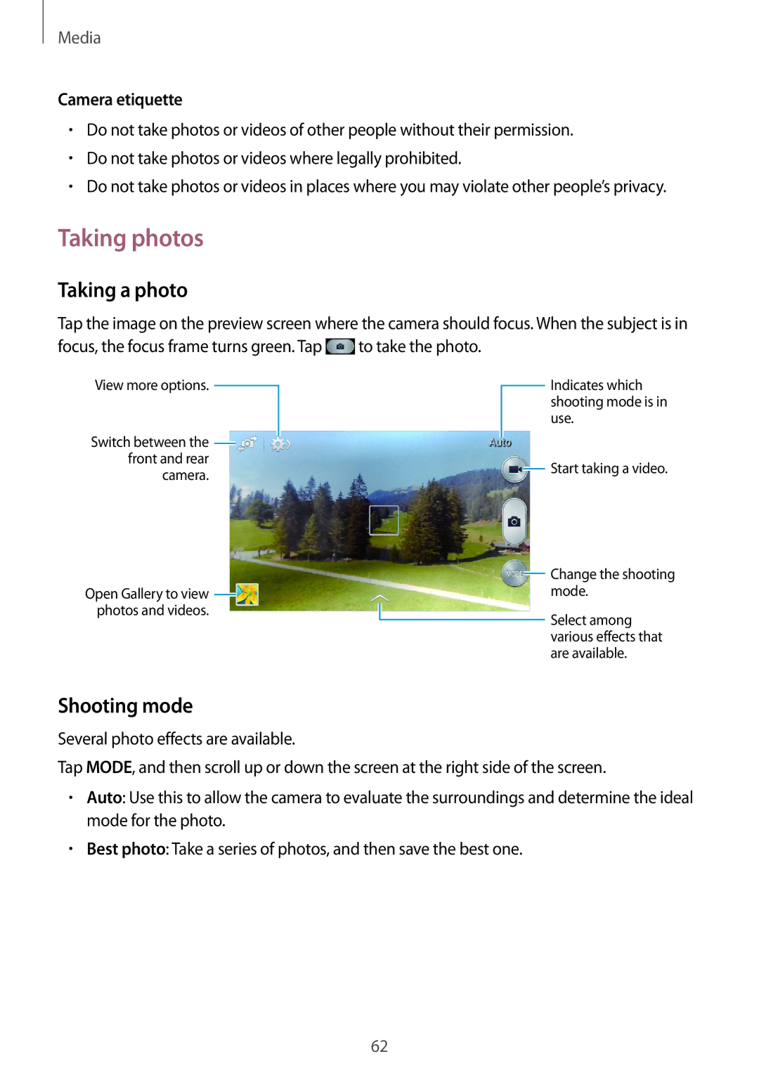 Samsung GT-S7272UWATHR, GT-S7272WRAPAK, GT-S7272WRATHR manual Taking photos, Taking a photo, Shooting mode, Camera etiquette 