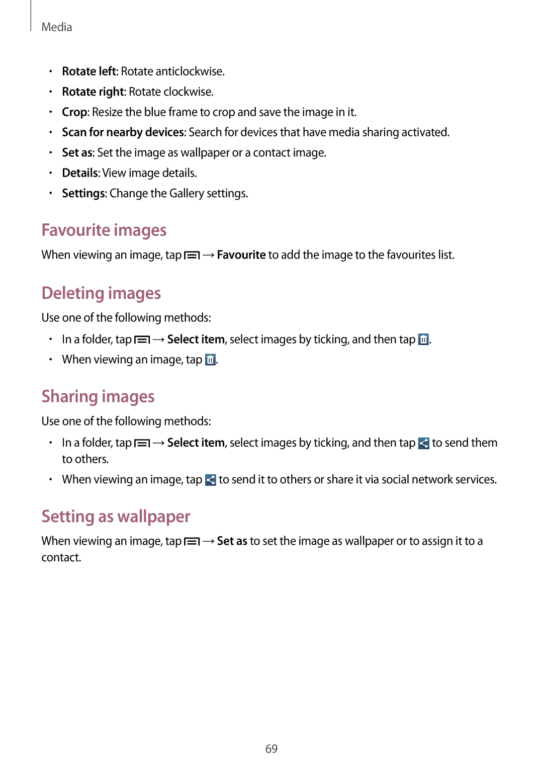 Samsung GT-S7272UWATHR, GT-S7272WRAPAK manual Favourite images, Deleting images, Sharing images, Setting as wallpaper 