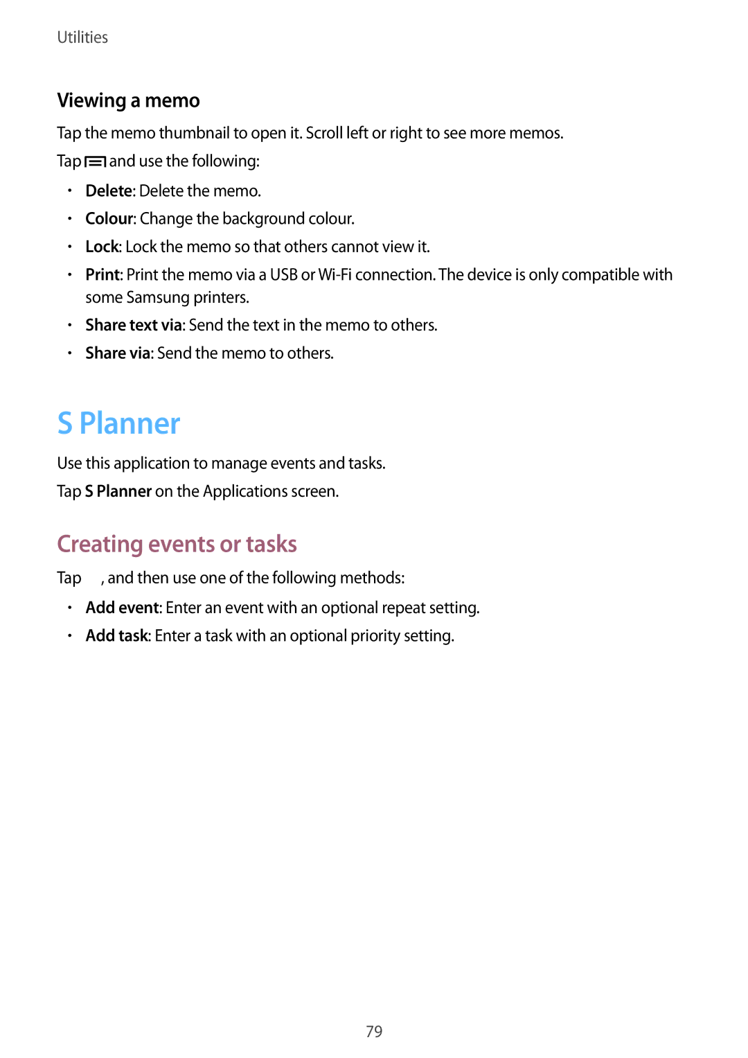 Samsung GT-S7272UWAKSA, GT-S7272WRAPAK, GT-S7272WRATHR, GT-S7272HKATHR Planner, Creating events or tasks, Viewing a memo 