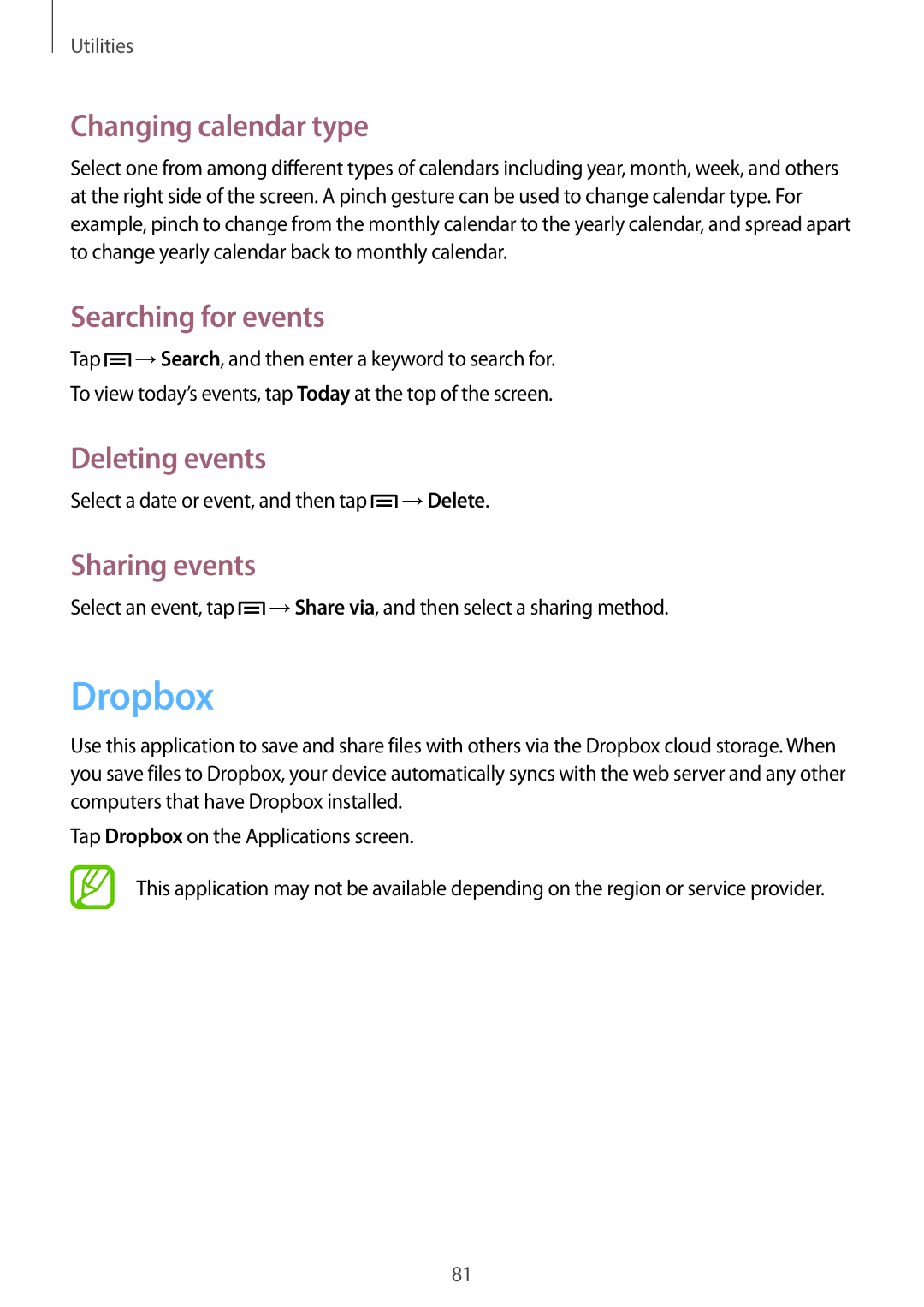 Samsung GT-S7272HKAKSA manual Dropbox, Changing calendar type, Searching for events, Deleting events, Sharing events 