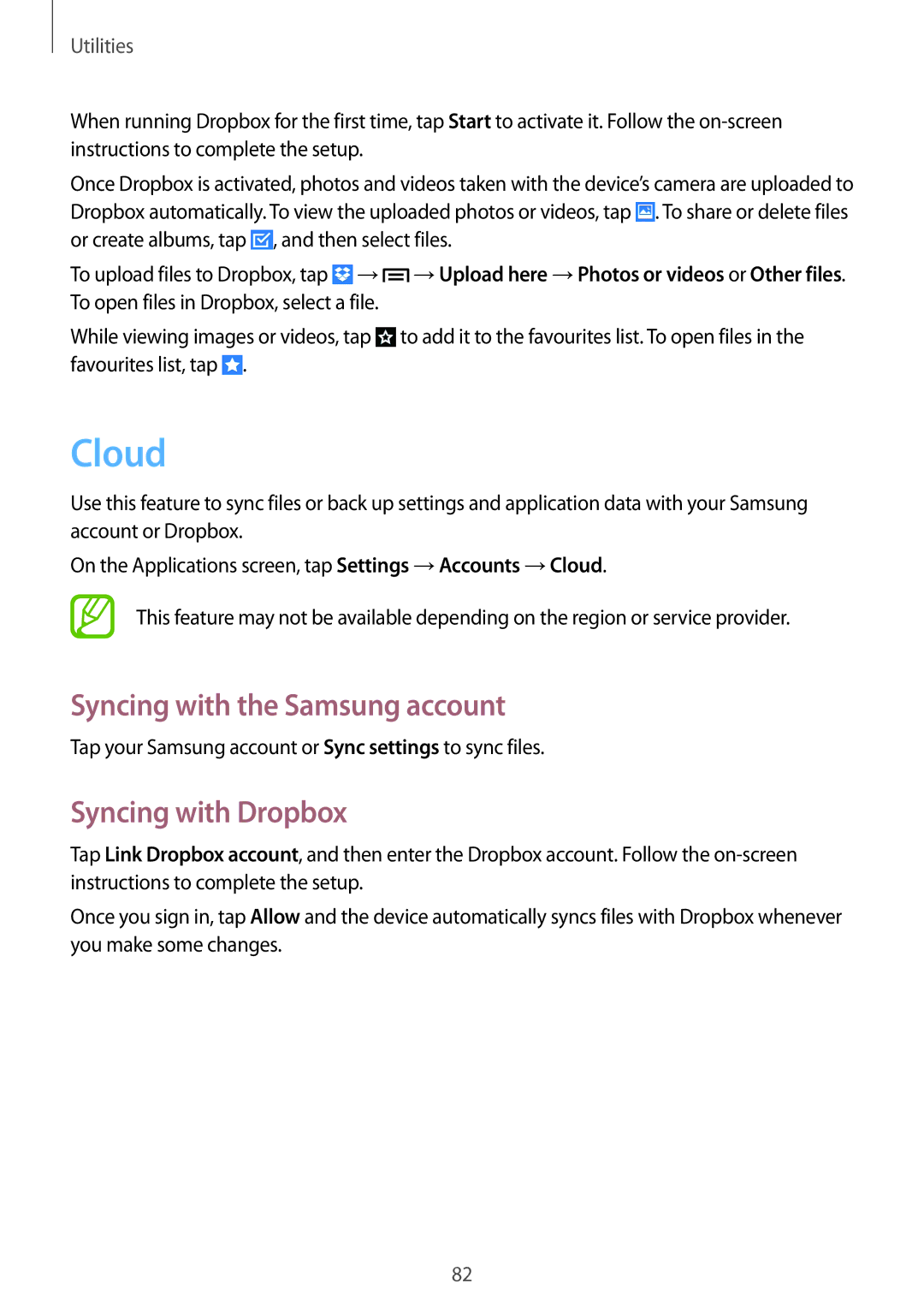 Samsung GT-S7272WRAKSA, GT-S7272WRAPAK, GT-S7272WRATHR manual Cloud, Syncing with the Samsung account, Syncing with Dropbox 