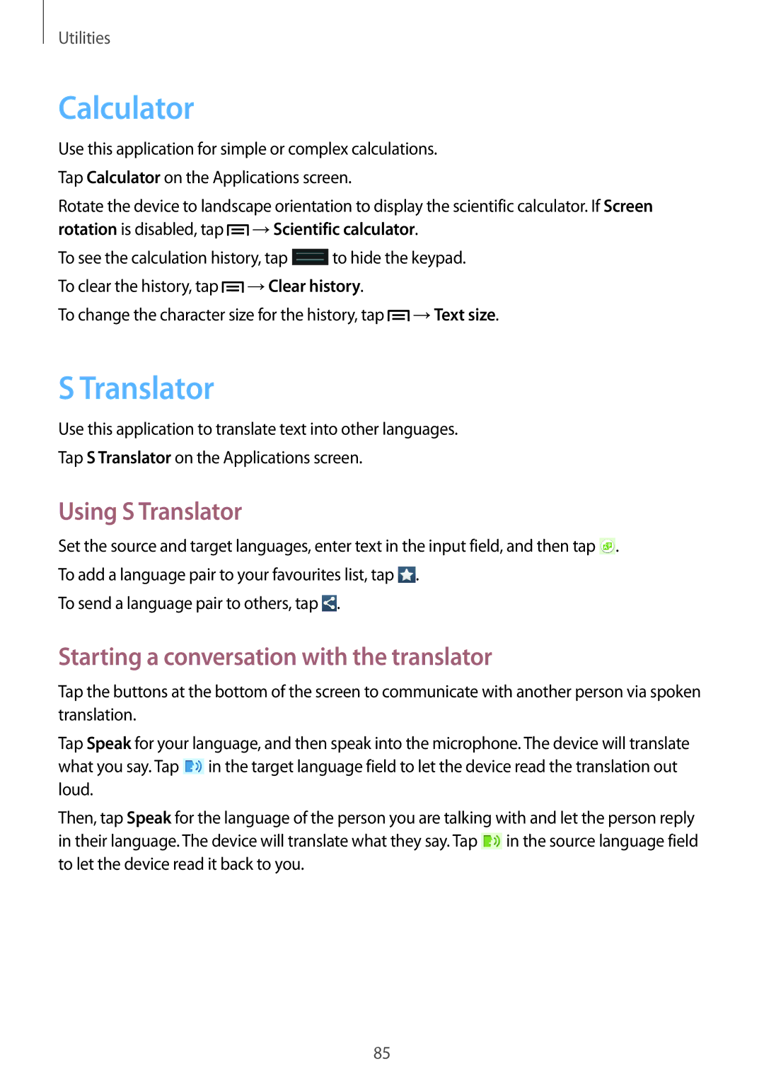 Samsung GT-S7272WRATHR, GT-S7272WRAPAK Calculator, Using S Translator, Starting a conversation with the translator 