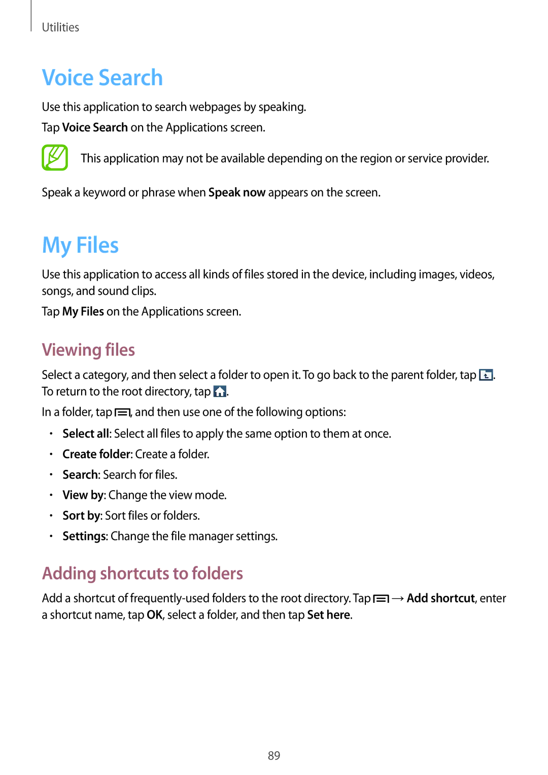 Samsung GT-S7272WRAKSA, GT-S7272WRAPAK, GT-S7272WRATHR Voice Search, My Files, Viewing files, Adding shortcuts to folders 