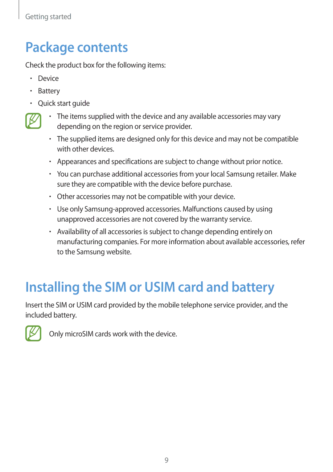 Samsung GT-S7272UWAKSA, GT-S7272WRAPAK, GT-S7272WRATHR manual Package contents, Installing the SIM or Usim card and battery 