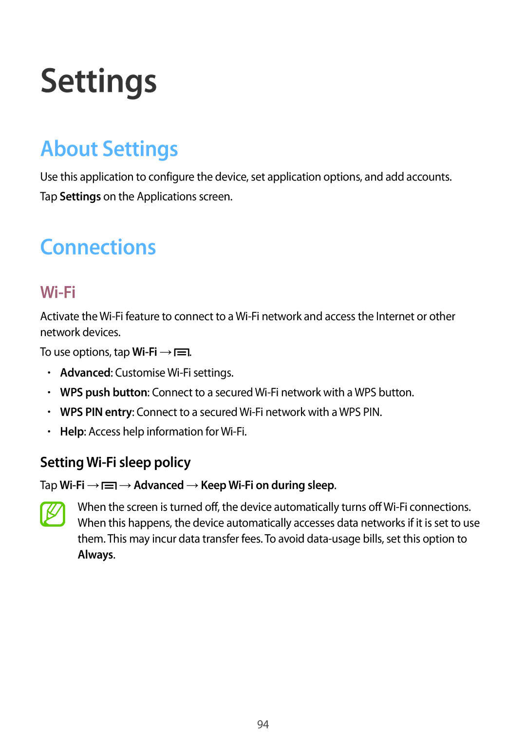 Samsung GT-S7272HKATHR, GT-S7272WRAPAK, GT-S7272WRATHR manual About Settings, Connections, Setting Wi-Fi sleep policy 