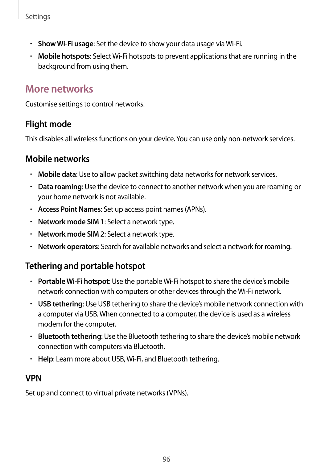 Samsung GT-S7272WRAKSA, GT-S7272WRAPAK manual More networks, Flight mode, Mobile networks, Tethering and portable hotspot 