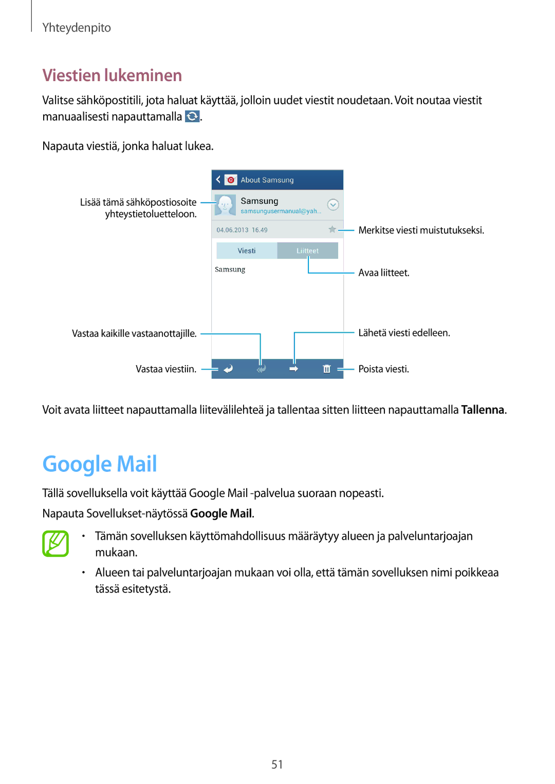 Samsung GT-S7275HKNNEE, GT-S7275HKANEE, GT-S7275UWANEE, GT-S7275UWNNEE, GT-S7275WRANEE manual Google Mail, Viestien lukeminen 