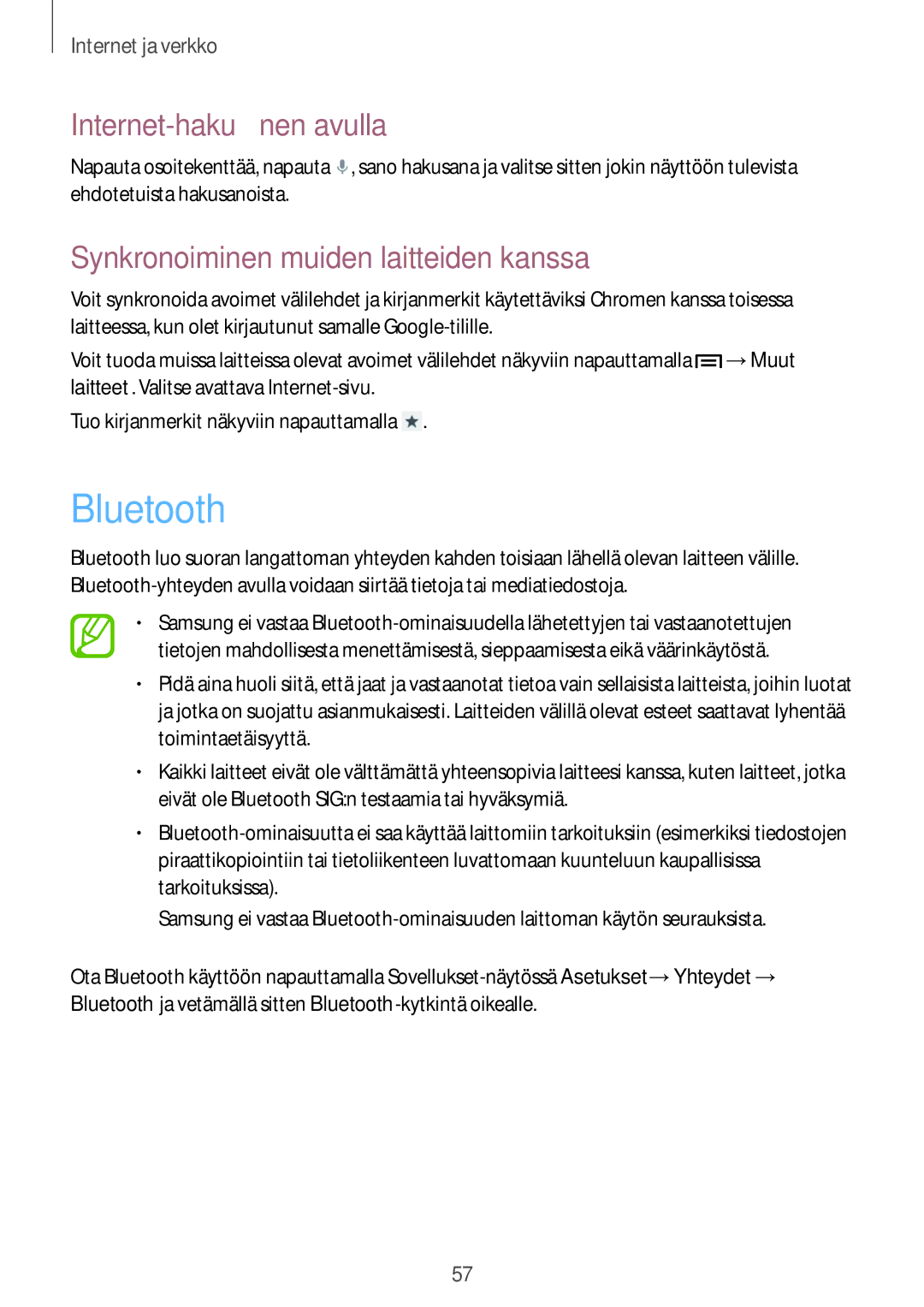 Samsung GT-S7275HKNNEE, GT-S7275HKANEE manual Bluetooth, Internet-haku äänen avulla, Synkronoiminen muiden laitteiden kanssa 