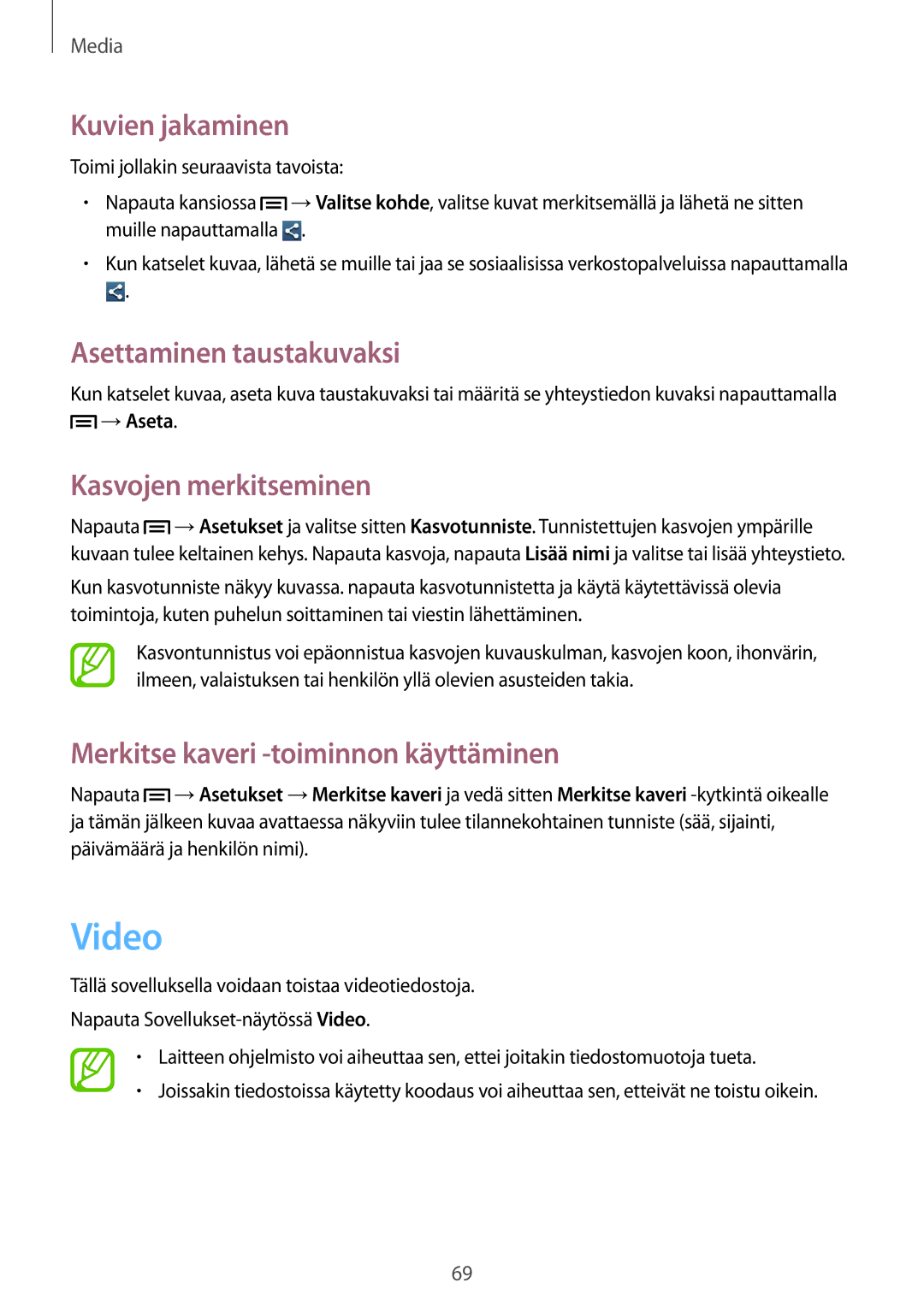 Samsung GT-S7275HKNNEE, GT-S7275HKANEE manual Video, Kuvien jakaminen, Asettaminen taustakuvaksi, Kasvojen merkitseminen 