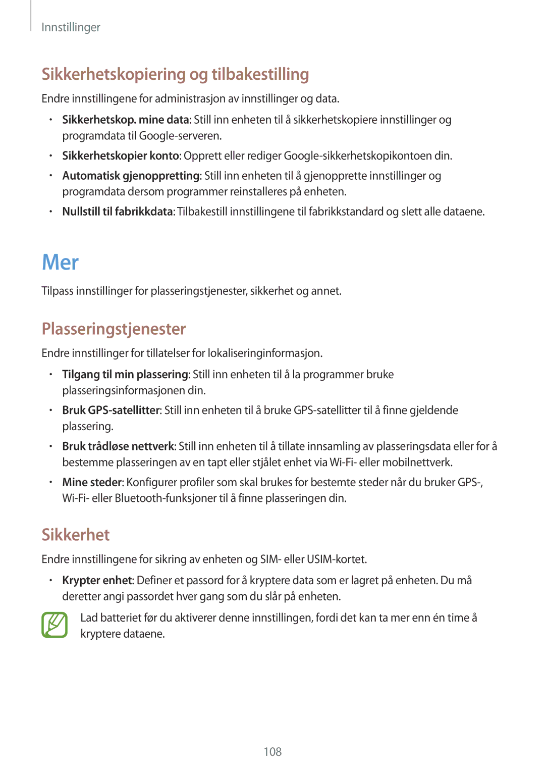 Samsung GT-S7275HKANEE, GT-S7275UWANEE, GT-S7275UWNNEE Mer, Sikkerhetskopiering og tilbakestilling, Plasseringstjenester 