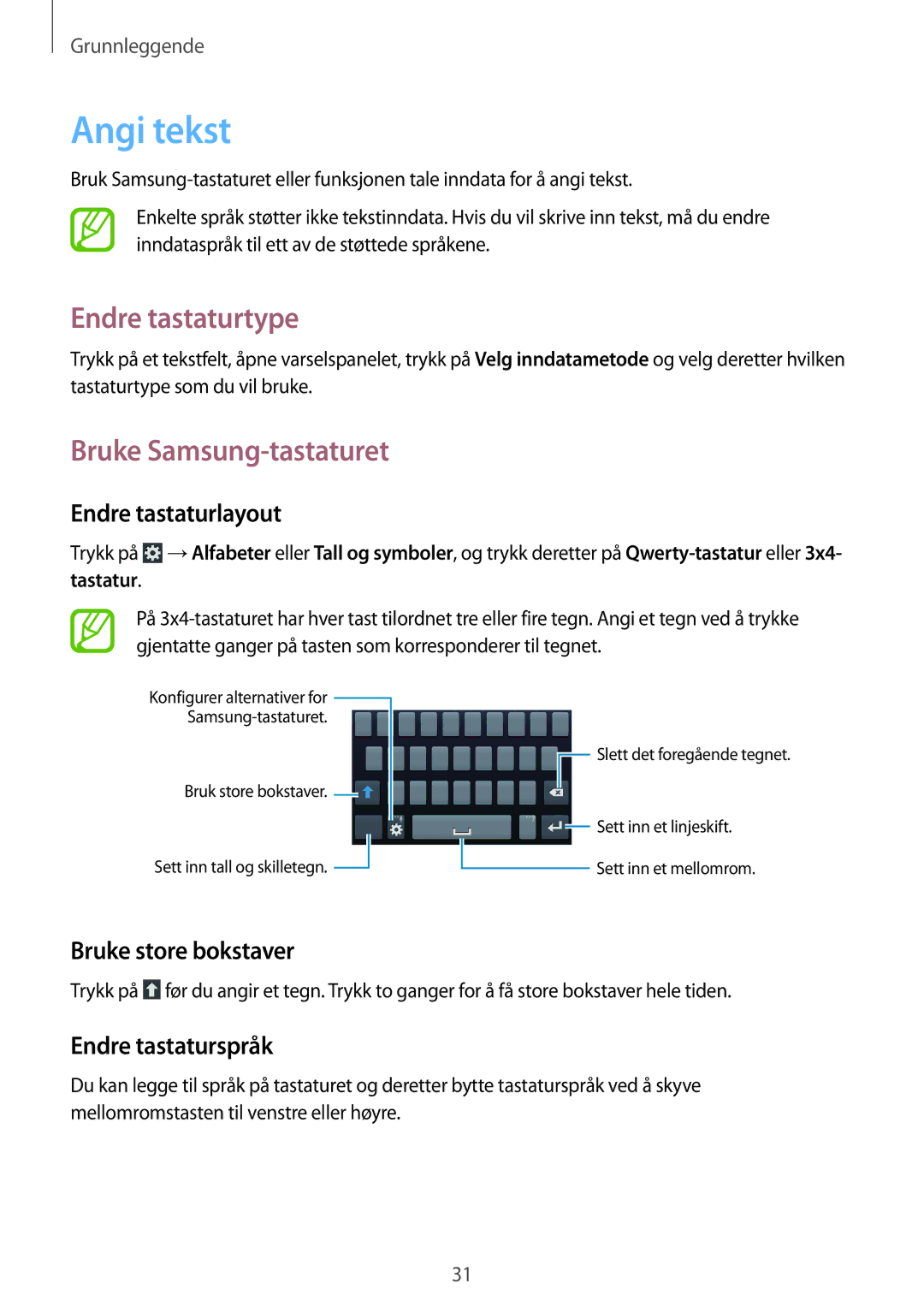 Samsung GT-S7275UWANEE, GT-S7275HKANEE, GT-S7275UWNNEE manual Angi tekst, Endre tastaturtype, Bruke Samsung-tastaturet 