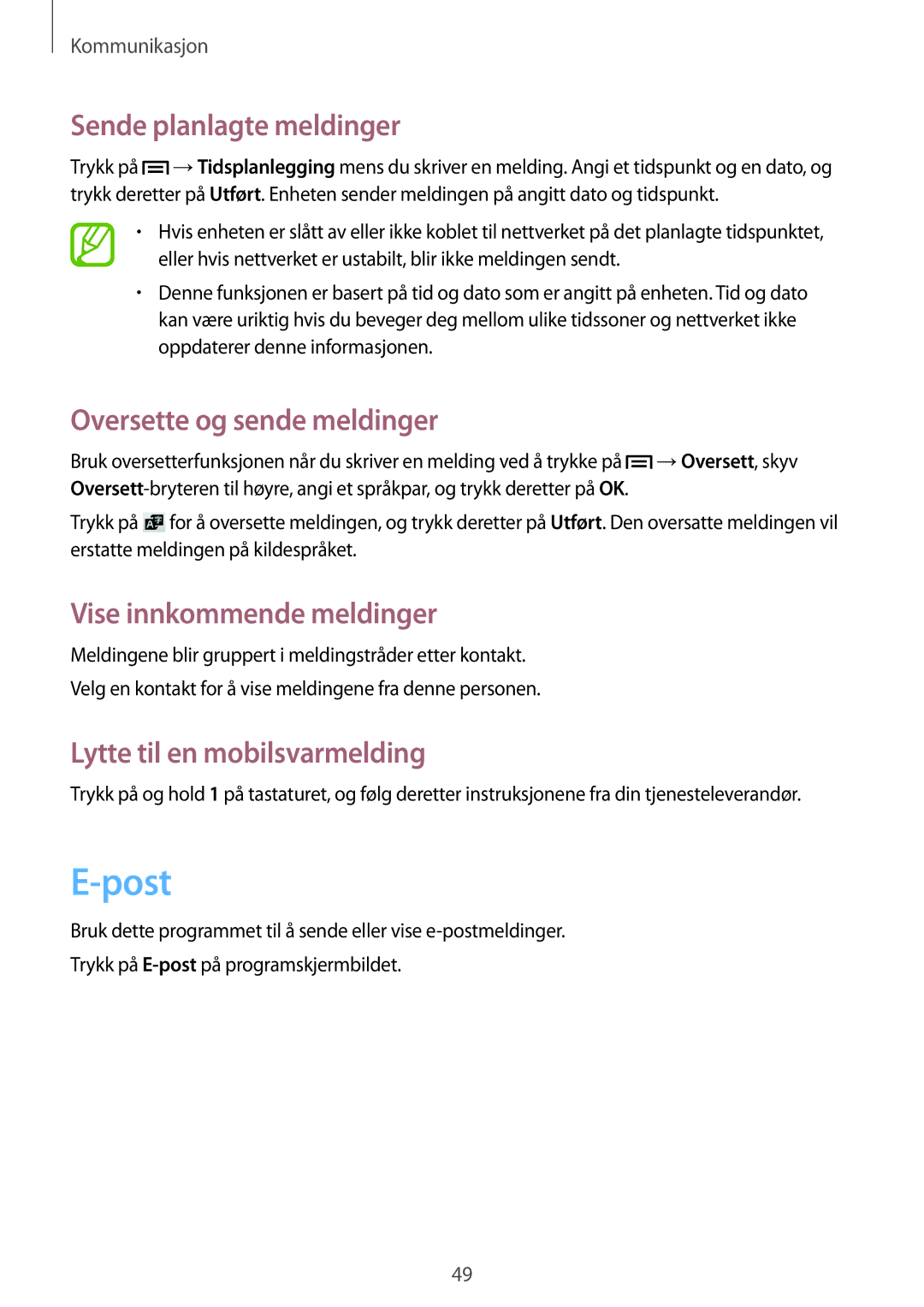 Samsung GT-S7275UWANEE manual Post, Sende planlagte meldinger, Oversette og sende meldinger, Vise innkommende meldinger 