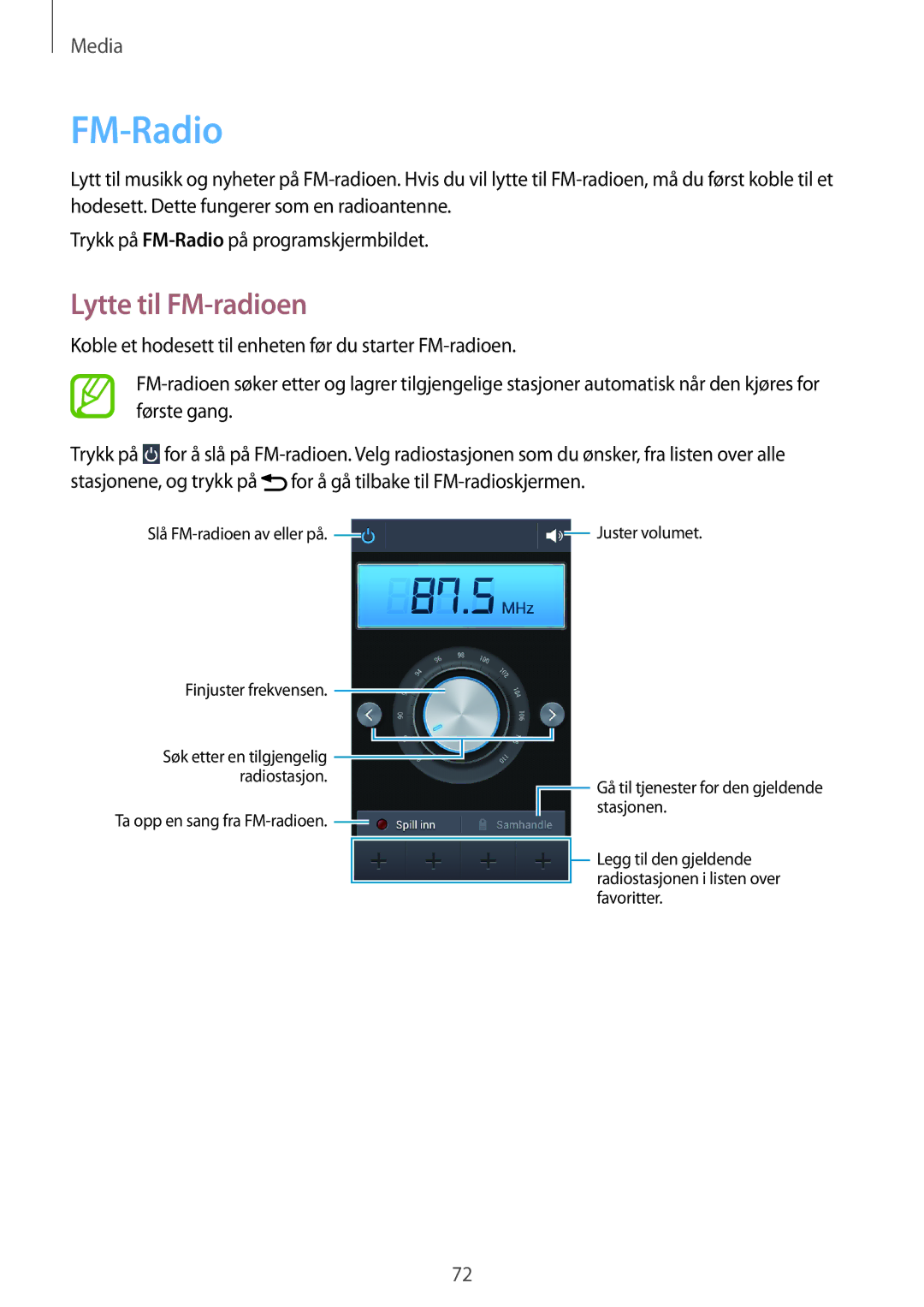 Samsung GT-S7275HKANEE, GT-S7275UWANEE, GT-S7275UWNNEE, GT-S7275HKNNEE, GT-S7275WRANEE manual FM-Radio, Lytte til FM-radioen 