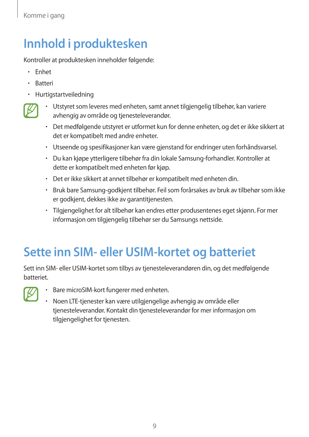 Samsung GT-S7275HKNNEE, GT-S7275HKANEE manual Innhold i produktesken, Sette inn SIM- eller USIM-kortet og batteriet 