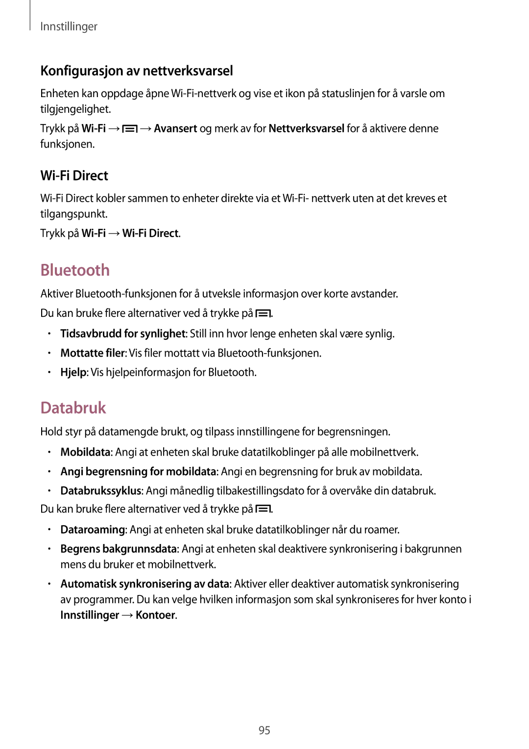 Samsung GT-S7275WRNNEE manual Bluetooth, Databruk, Konfigurasjon av nettverksvarsel, Trykk på Wi-Fi →Wi-Fi Direct 