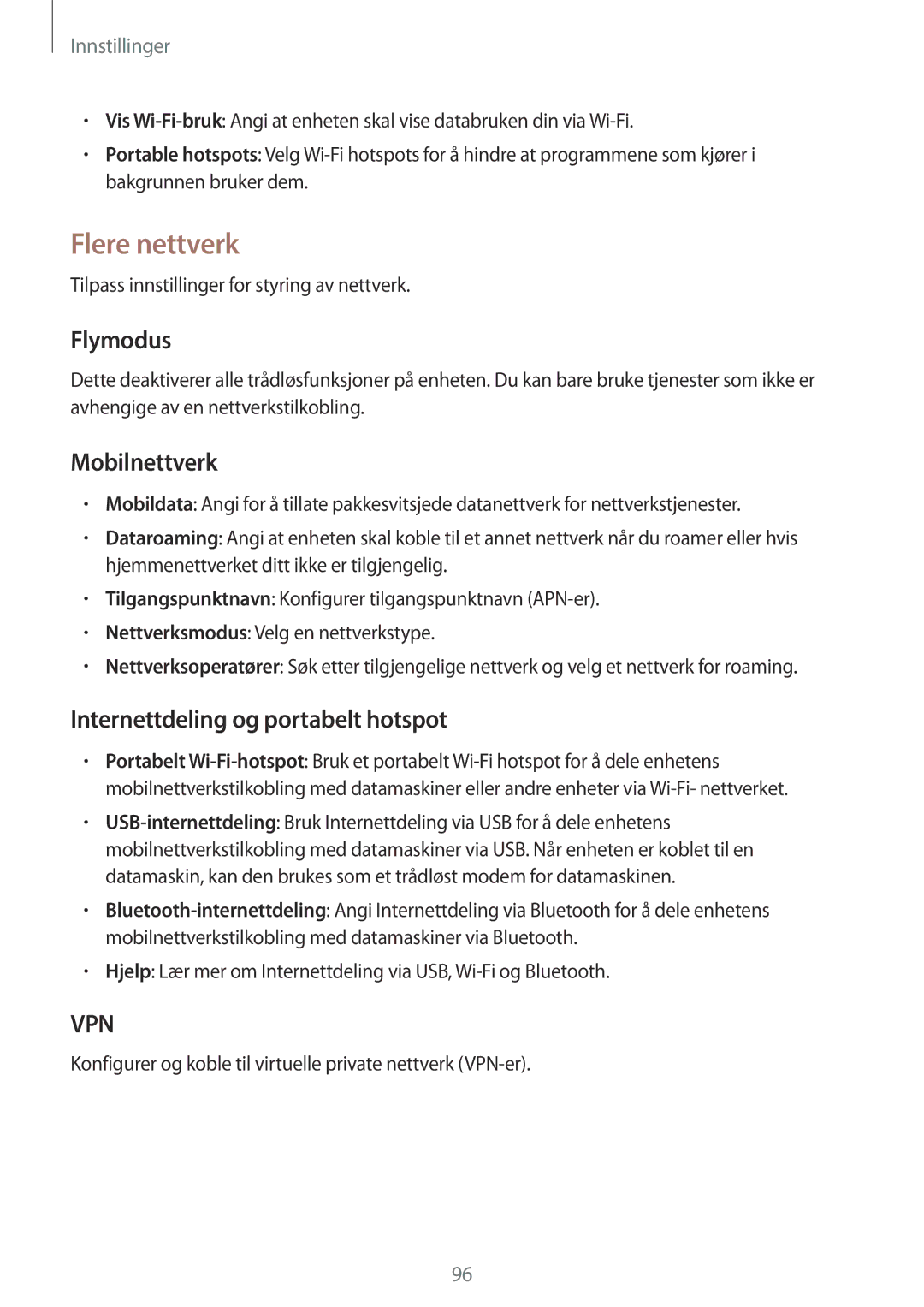 Samsung GT-S7275HKANEE, GT-S7275UWANEE manual Flere nettverk, Flymodus, Mobilnettverk, Internettdeling og portabelt hotspot 