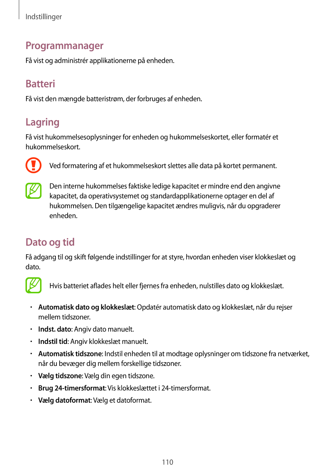 Samsung GT-S7275UWNNEE, GT-S7275HKANEE, GT-S7275UWANEE, GT-S7275HKNNEE manual Programmanager, Batteri, Lagring, Dato og tid 