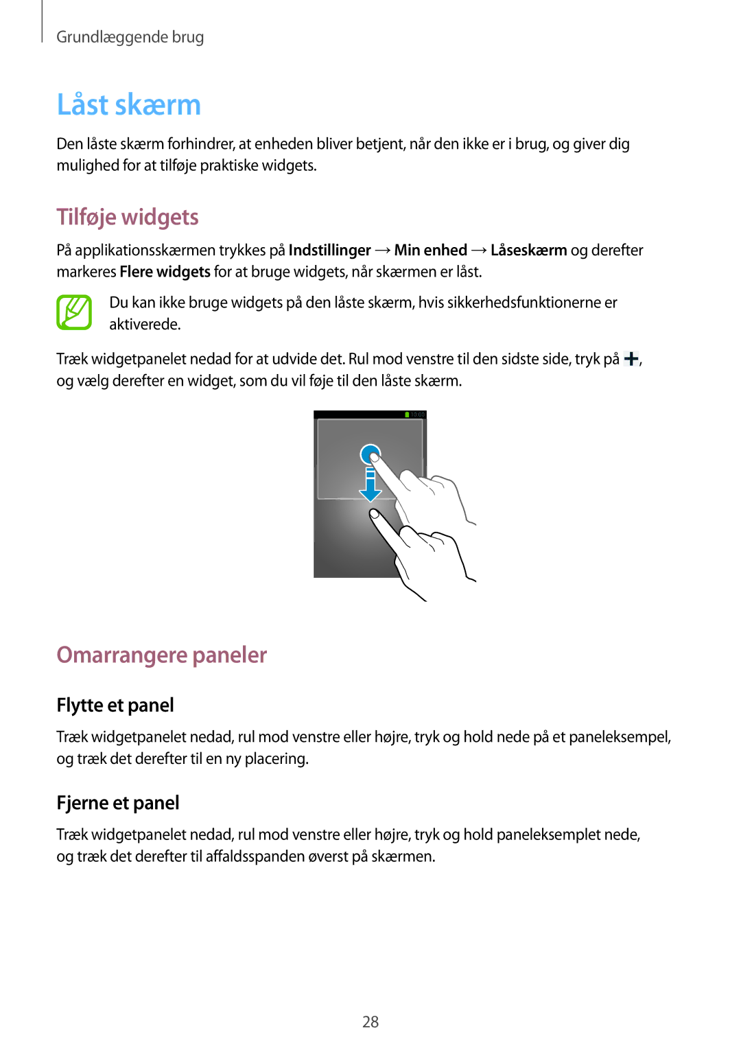 Samsung GT-S7275WRANEE, GT-S7275HKANEE, GT-S7275UWANEE, GT-S7275UWNNEE, GT-S7275HKNNEE manual Låst skærm, Tilføje widgets 