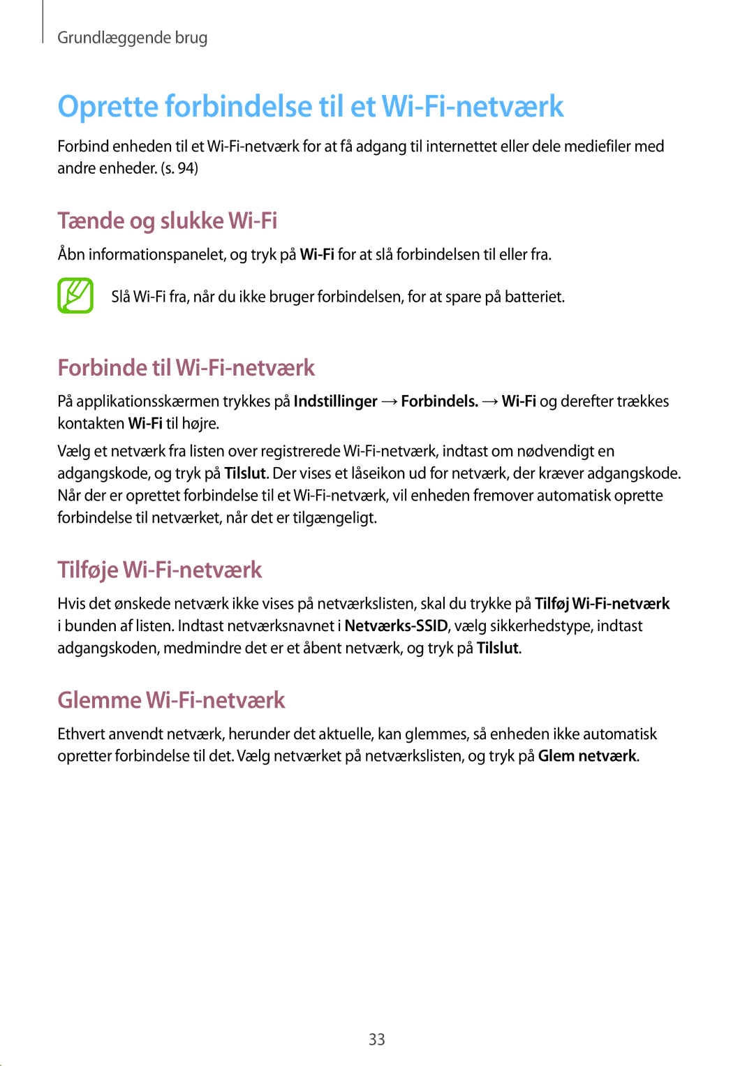 Samsung GT-S7275HKNNEE manual Oprette forbindelse til et Wi-Fi-netværk, Tænde og slukke Wi-Fi, Forbinde til Wi-Fi-netværk 