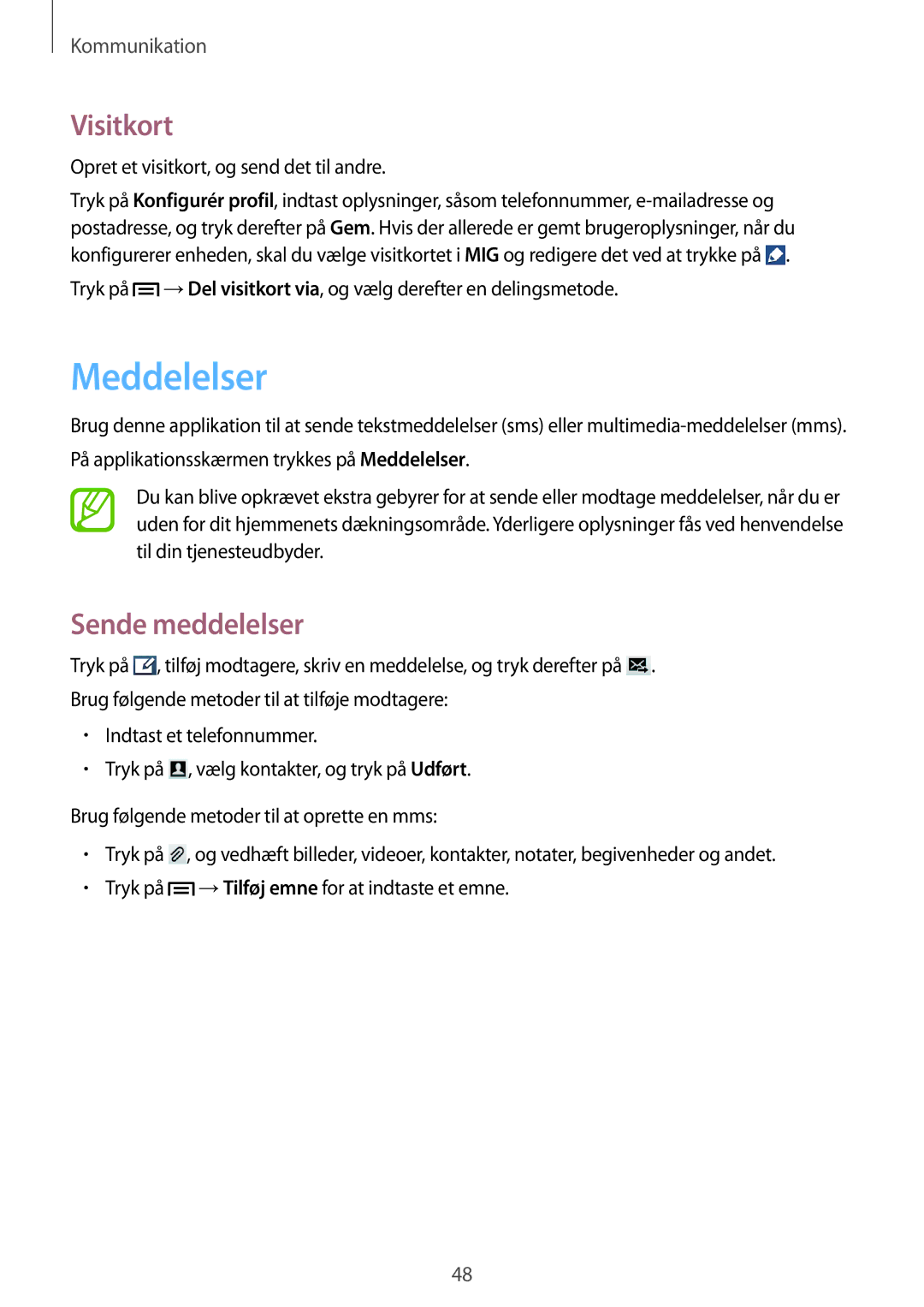 Samsung GT-S7275HKANEE, GT-S7275UWANEE, GT-S7275UWNNEE, GT-S7275HKNNEE manual Meddelelser, Visitkort, Sende meddelelser 