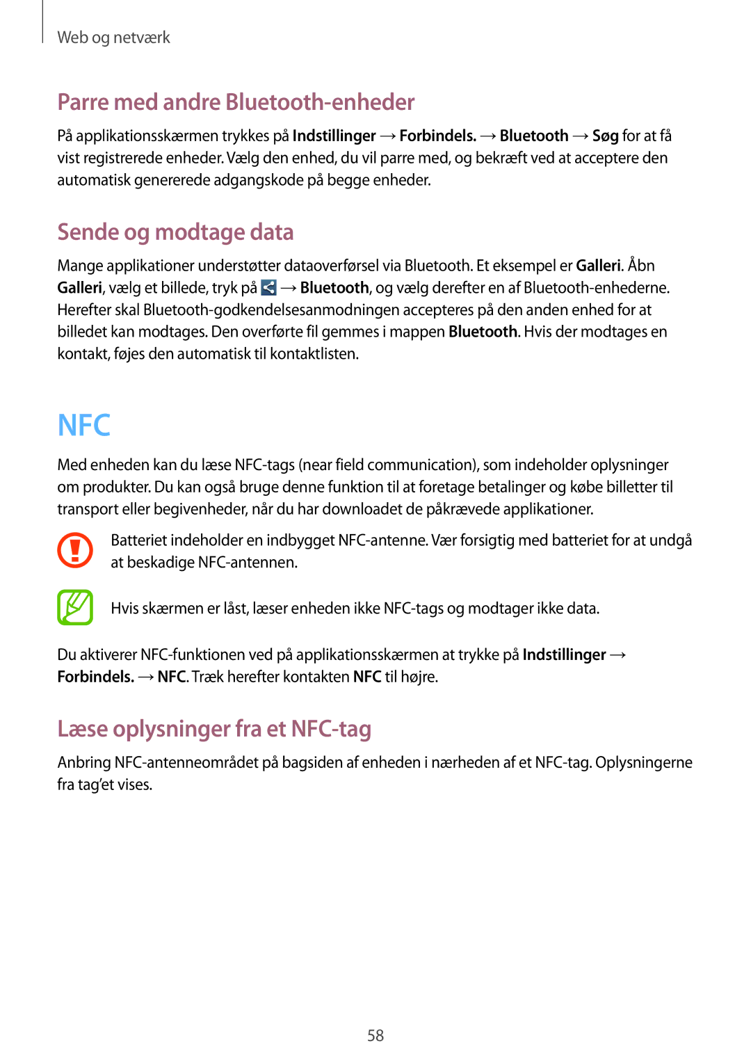 Samsung GT-S7275WRANEE manual Parre med andre Bluetooth-enheder, Sende og modtage data, Læse oplysninger fra et NFC-tag 