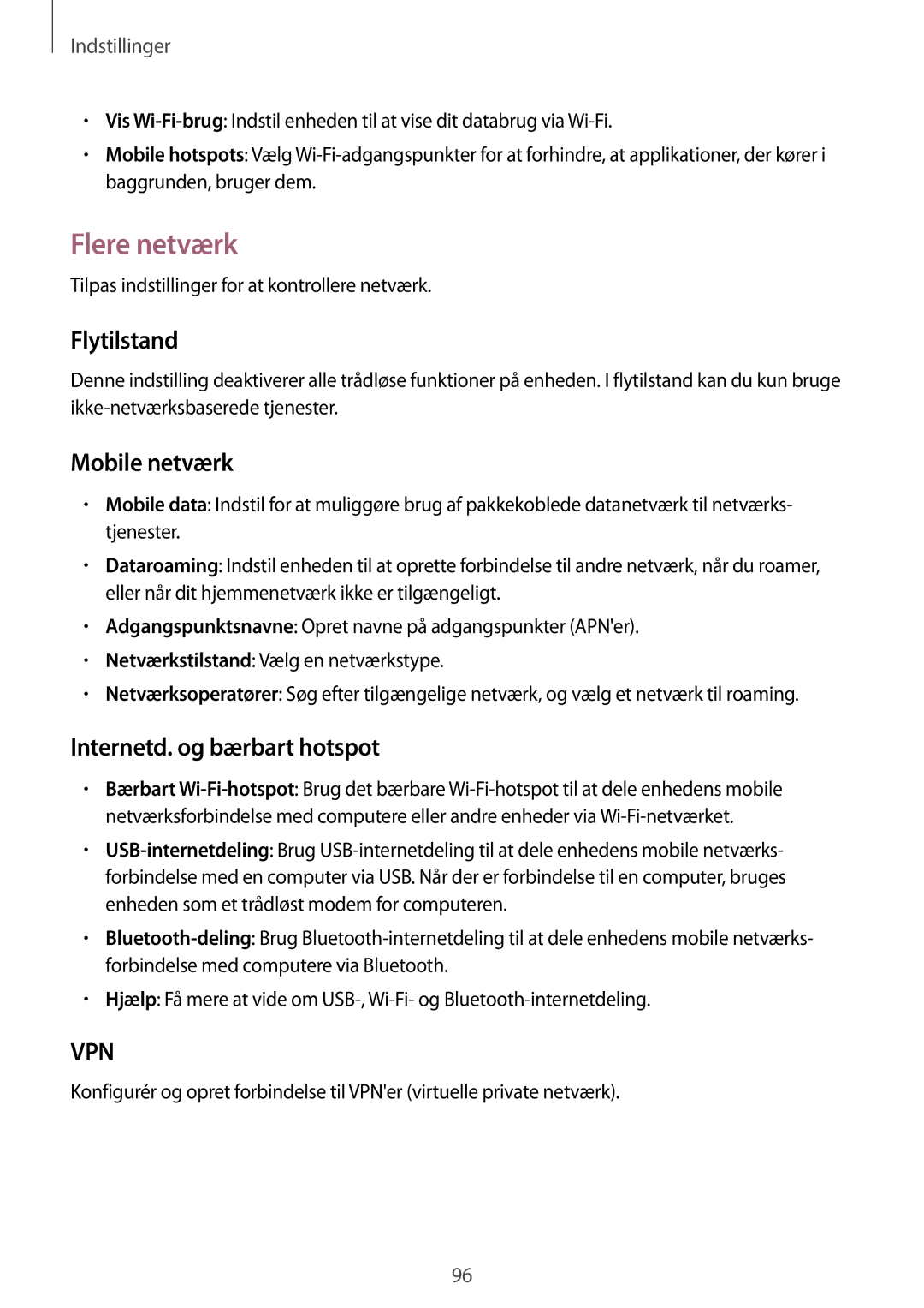 Samsung GT-S7275HKANEE, GT-S7275UWANEE manual Flere netværk, Flytilstand, Mobile netværk, Internetd. og bærbart hotspot 