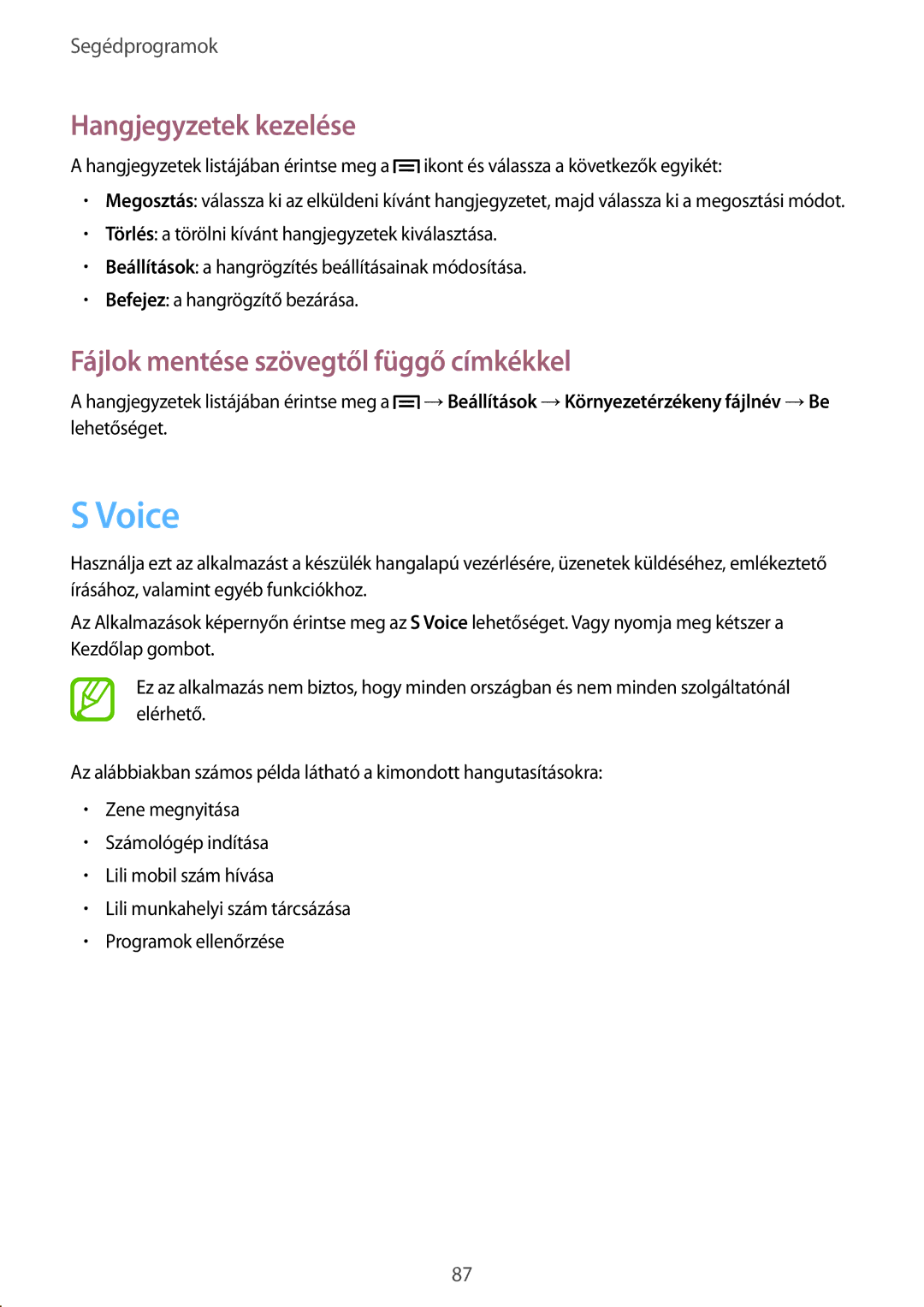 Samsung GT-S7275HKNATO, GT-S7275HKNDBT manual Voice, Hangjegyzetek kezelése, Fájlok mentése szövegtől függő címkékkel 