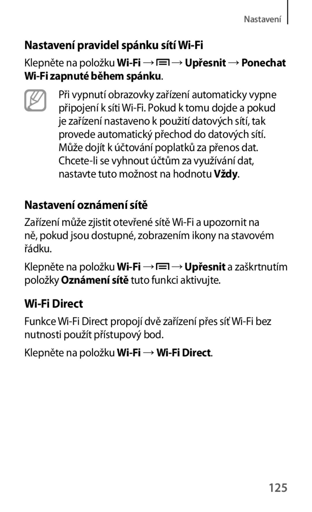 Samsung GT-S7275HKNATO, GT-S7275HKNDBT Nastavení pravidel spánku sítí Wi-Fi, Nastavení oznámení sítě, Wi-Fi Direct, 125 