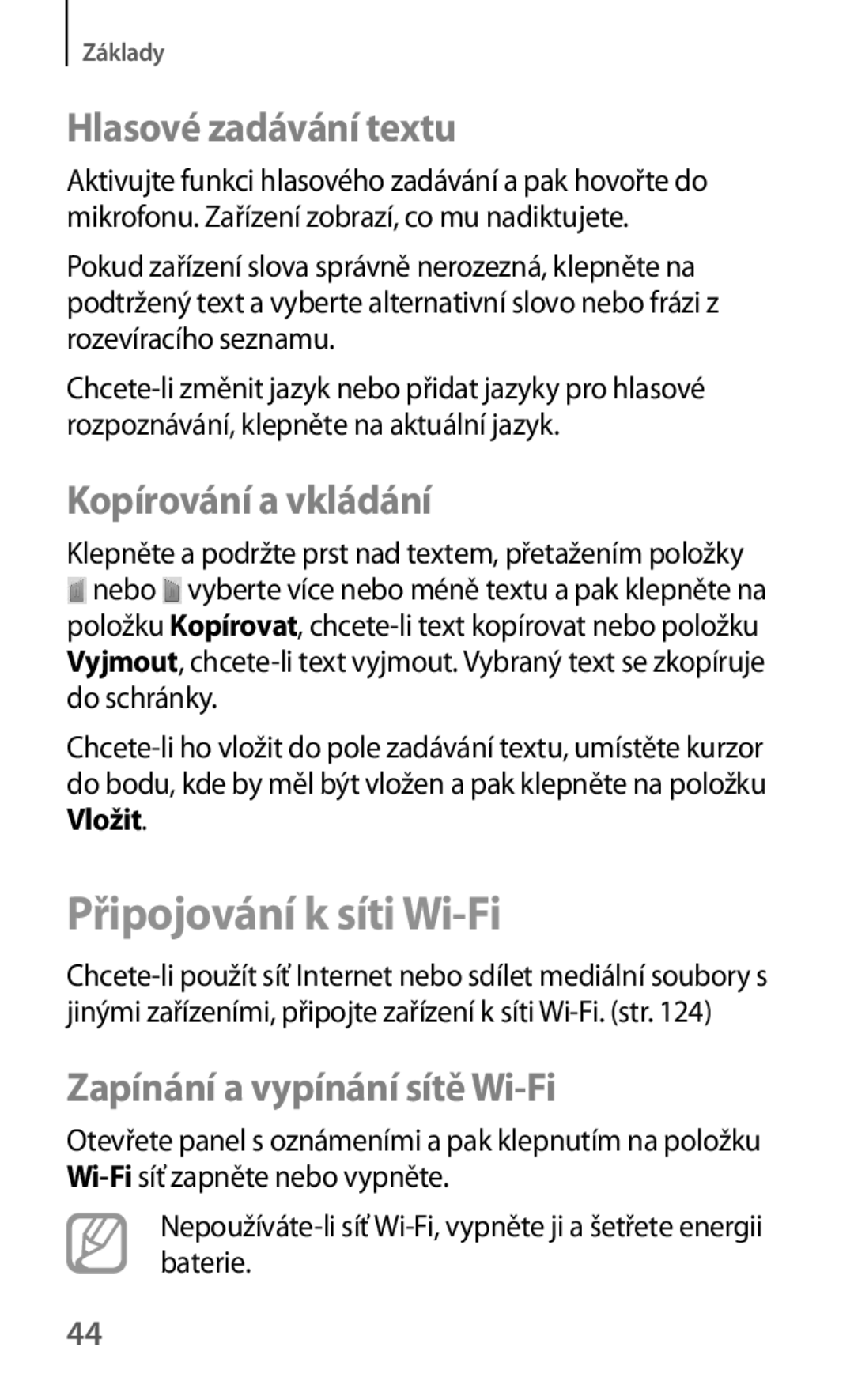 Samsung GT-S7275HKNPRT, GT-S7275HKNDBT manual Připojování k síti Wi-Fi, Hlasové zadávání textu, Kopírování a vkládání 