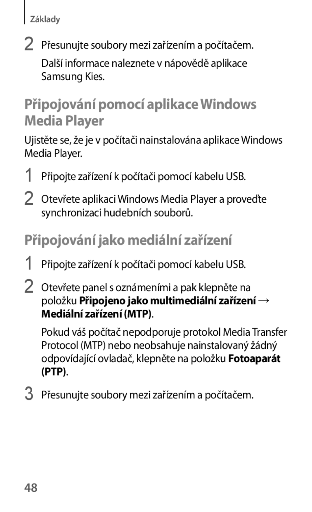 Samsung GT-S7275HKNDBT manual Připojování pomocí aplikace Windows Media Player, Připojování jako mediální zařízení 