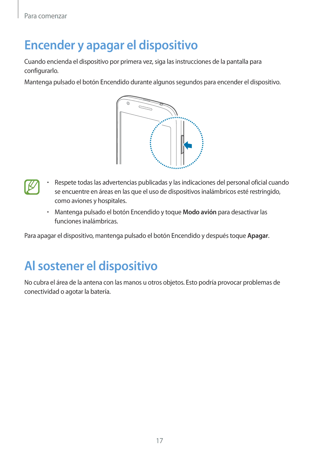 Samsung GT-S7275UWNXEF, GT-S7275HKNTPH, GT-S7275HKNOPT manual Encender y apagar el dispositivo, Al sostener el dispositivo 