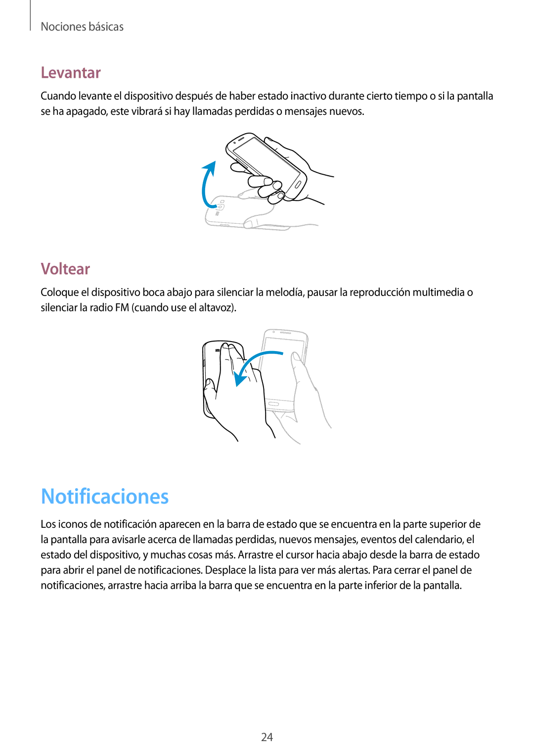 Samsung GT-S7275WRNYOG, GT-S7275HKNTPH, GT-S7275HKNOPT, GT-S7275UWNDBT, GT-S7275HKNXEF manual Notificaciones, Levantar, Voltear 