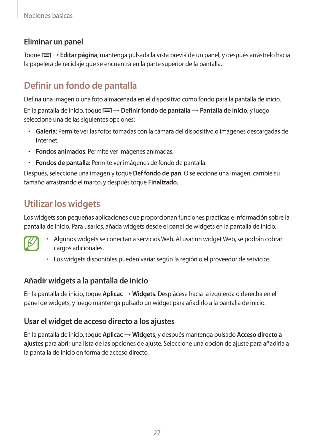 Samsung GT-S7275HKNOPT, GT-S7275HKNTPH manual Definir un fondo de pantalla, Utilizar los widgets, Eliminar un panel 