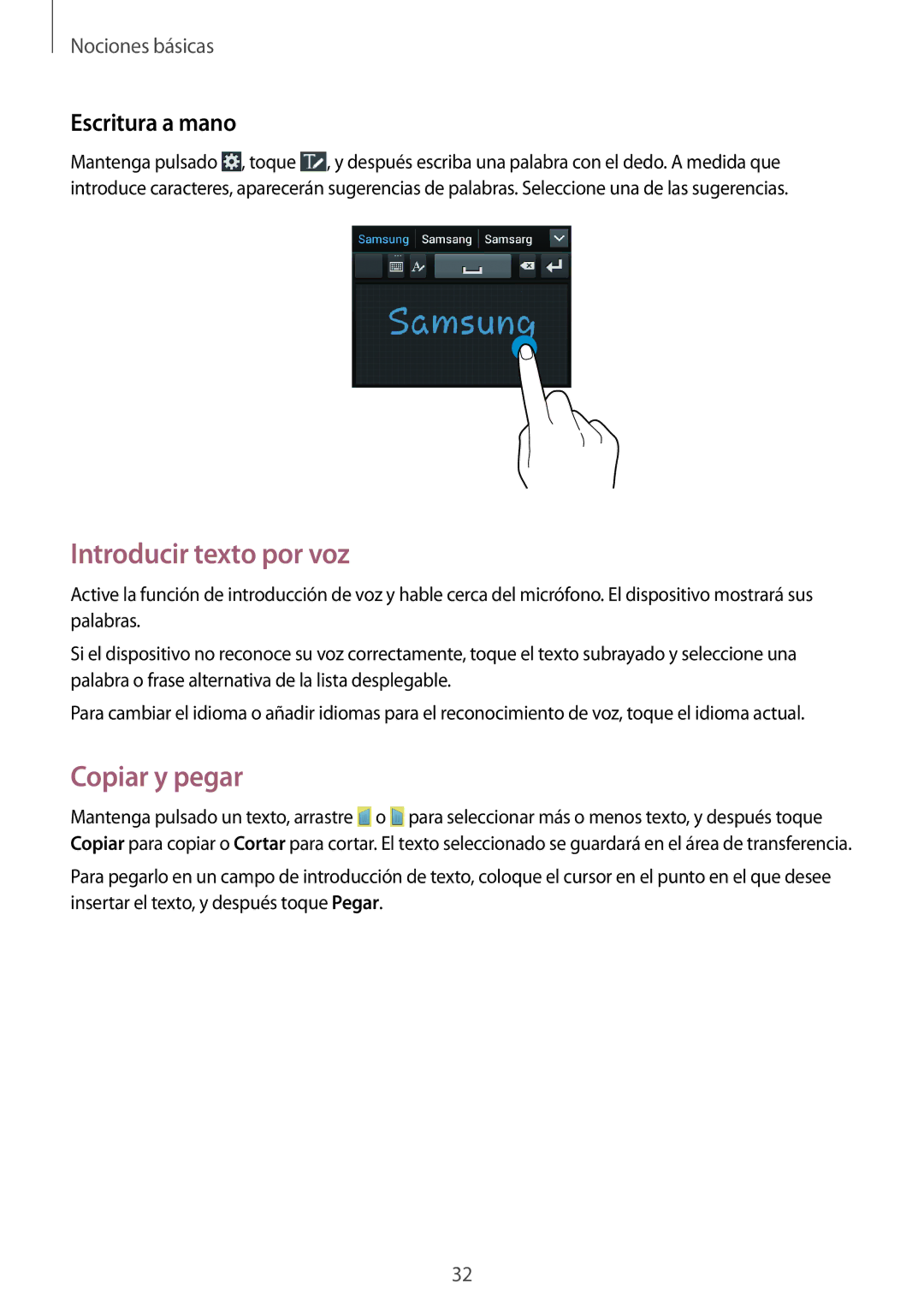 Samsung GT-S7275UWNYOG, GT-S7275HKNTPH, GT-S7275HKNOPT manual Introducir texto por voz, Copiar y pegar, Escritura a mano 