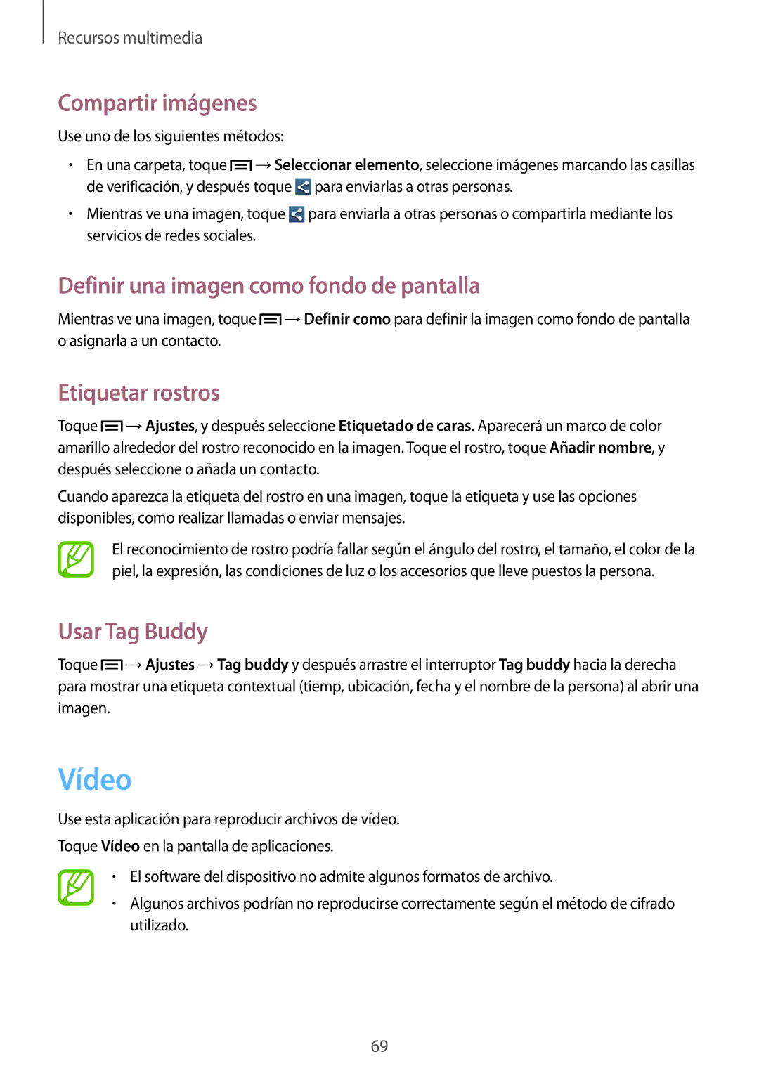 Samsung GT-S7275UWNXEF manual Vídeo, Compartir imágenes, Definir una imagen como fondo de pantalla, Etiquetar rostros 