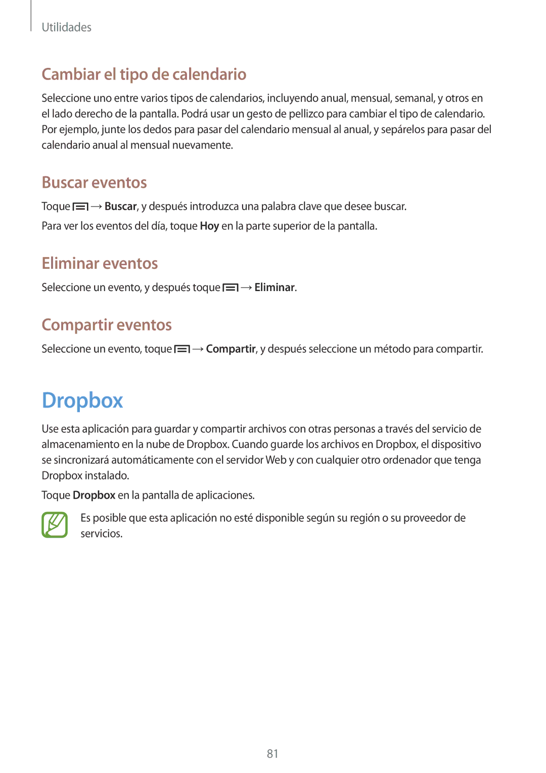 Samsung GT-S7275HKNXEF manual Dropbox, Cambiar el tipo de calendario, Buscar eventos, Eliminar eventos, Compartir eventos 